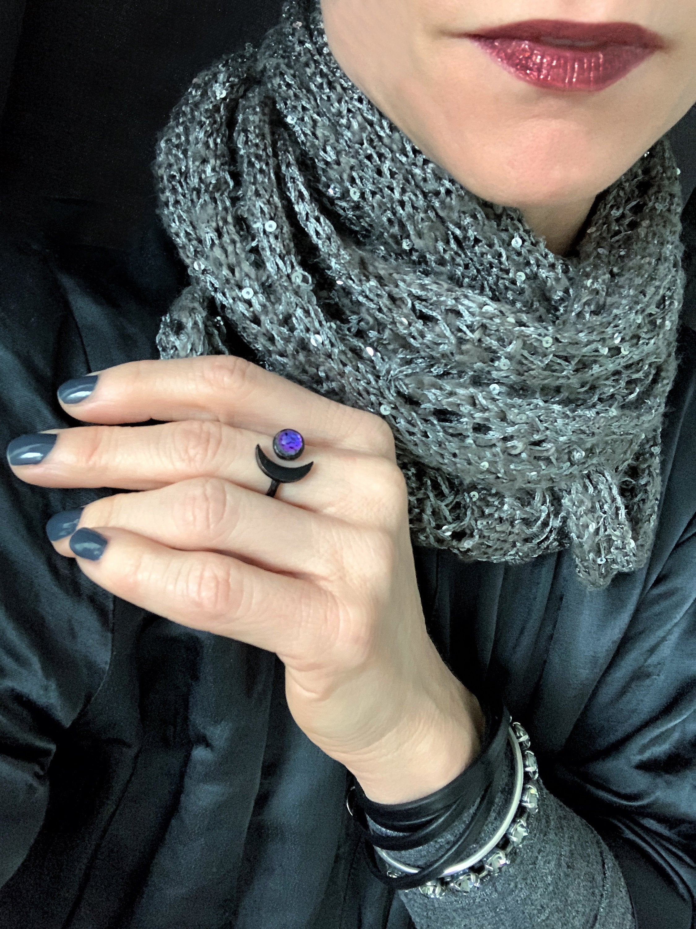 CELESTIAL - Black Cresent Moon Ring with Purple Vintage Swarovski Crystal - Mystical Gift for Teen Girl, Teenager, Women - Moon Jewelry