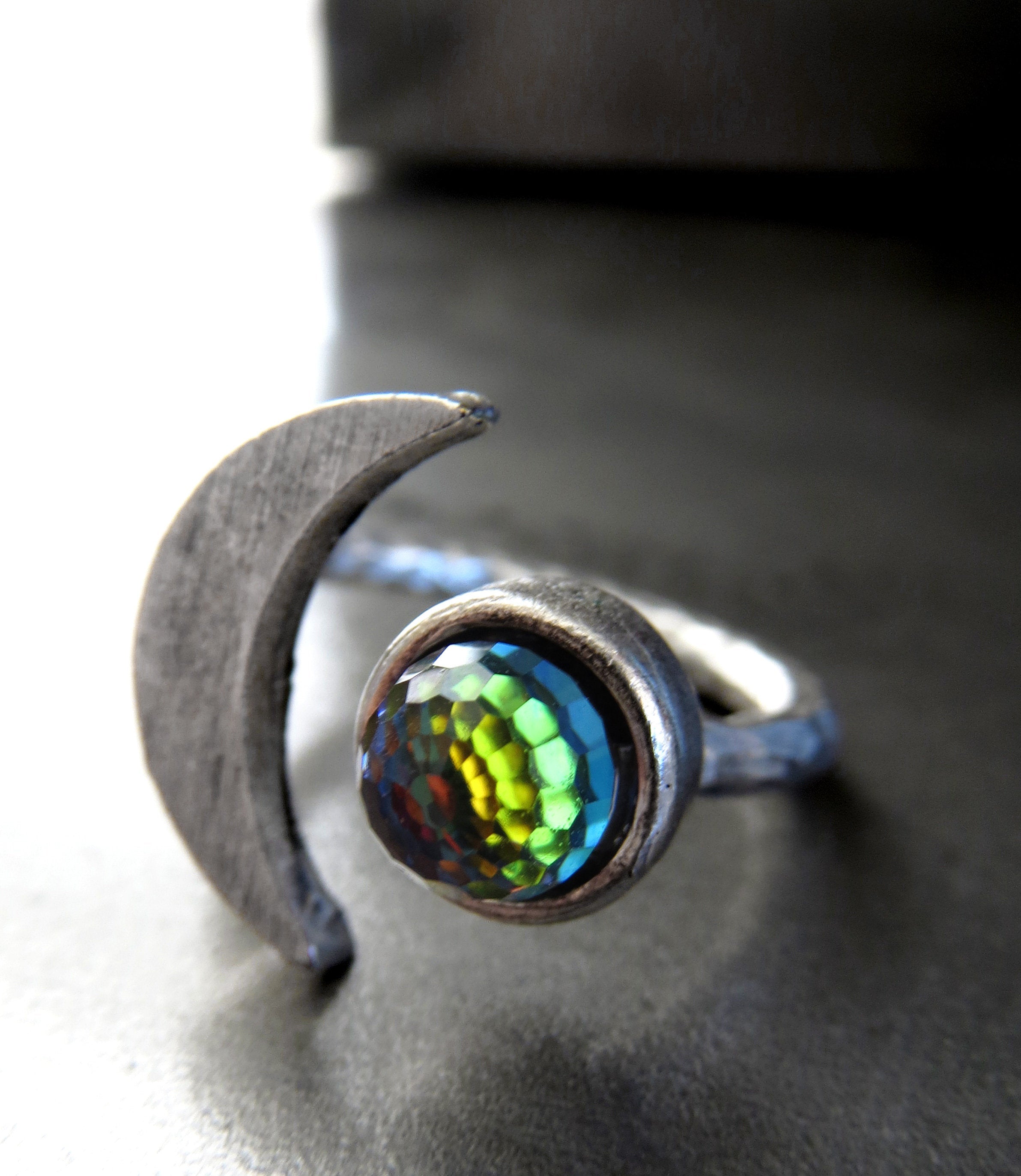 CELESTIAL - Silver Cresent Moon Ring with Vintage Rainbow Swarovski Crystal - Rainbow Jewelry for Teen Girl, Teenager, Women - Moon Jewelry