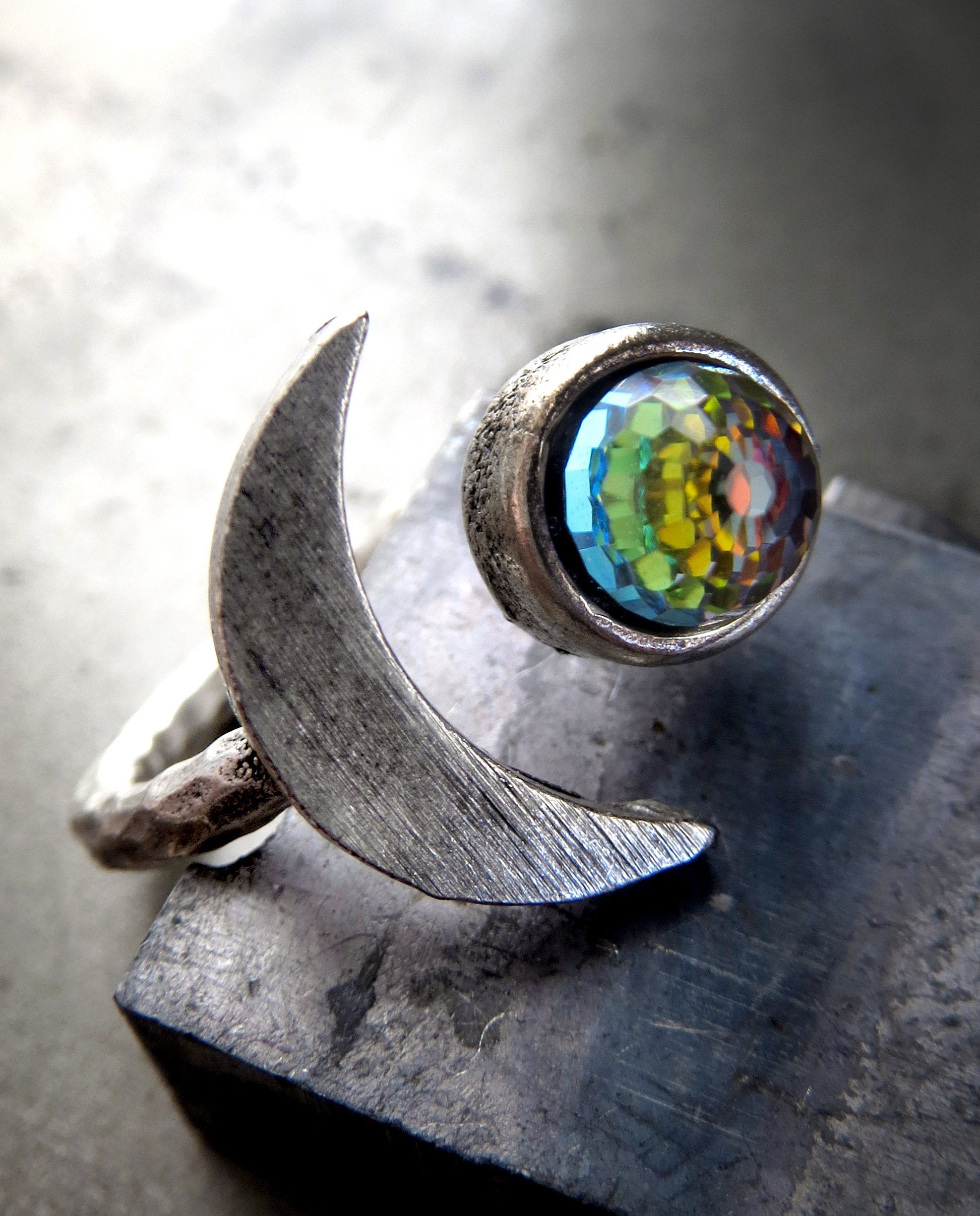 CELESTIAL - Silver Cresent Moon Ring with Vintage Rainbow Swarovski Crystal - Rainbow Jewelry for Teen Girl, Teenager, Women - Moon Jewelry