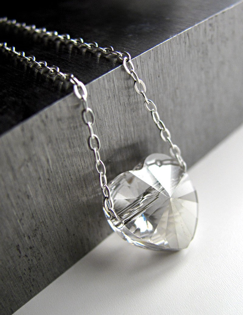 Tiny Heart Pendant Necklace with Clear Crystal