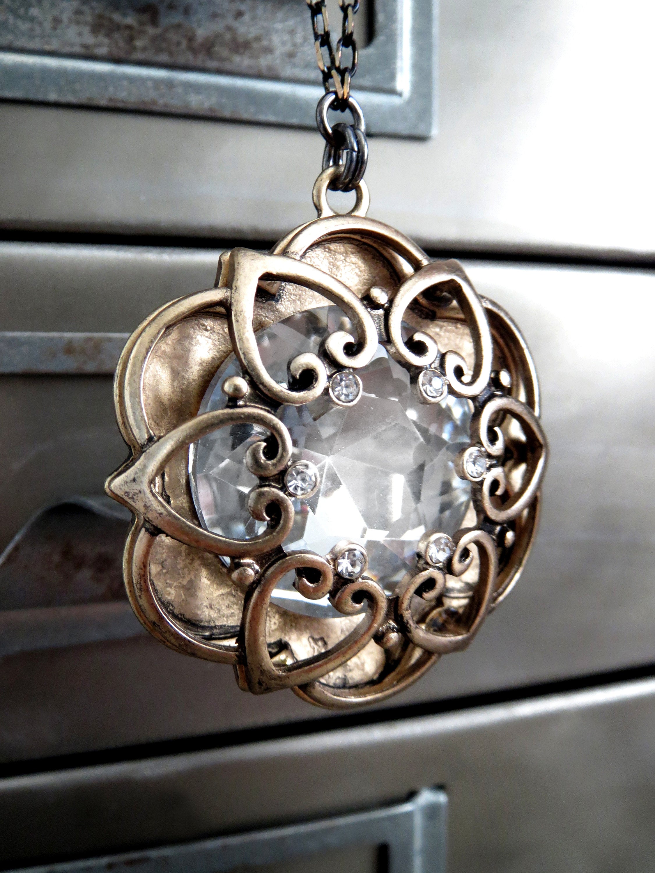 INNER LIGHT - Large Crystal Pendant with Antique Gold Mandala Cage on Black-Gold Chain, Romantic Jewelry for New Years Eve, Valentines Day