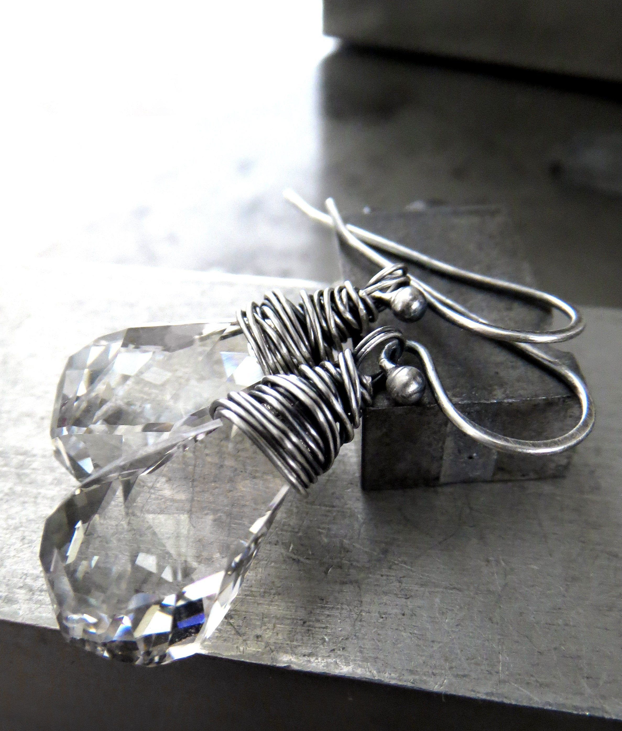 HELIX - Sterling Silver Wrapped Earrings with Spiral-Faceted Crystal