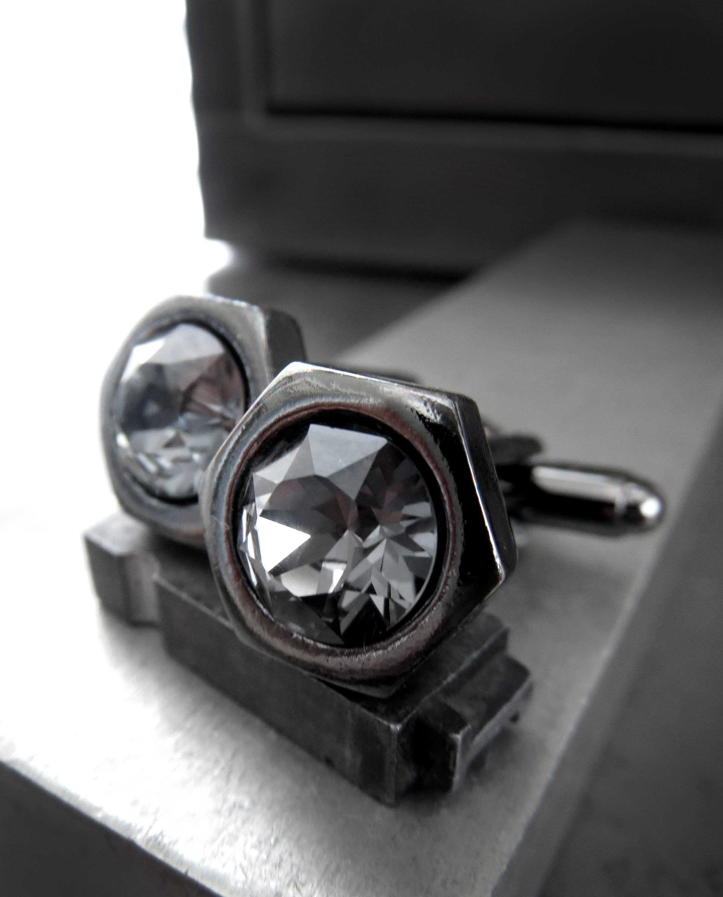 Black Hex Nut Cuff Links with Black Crystal