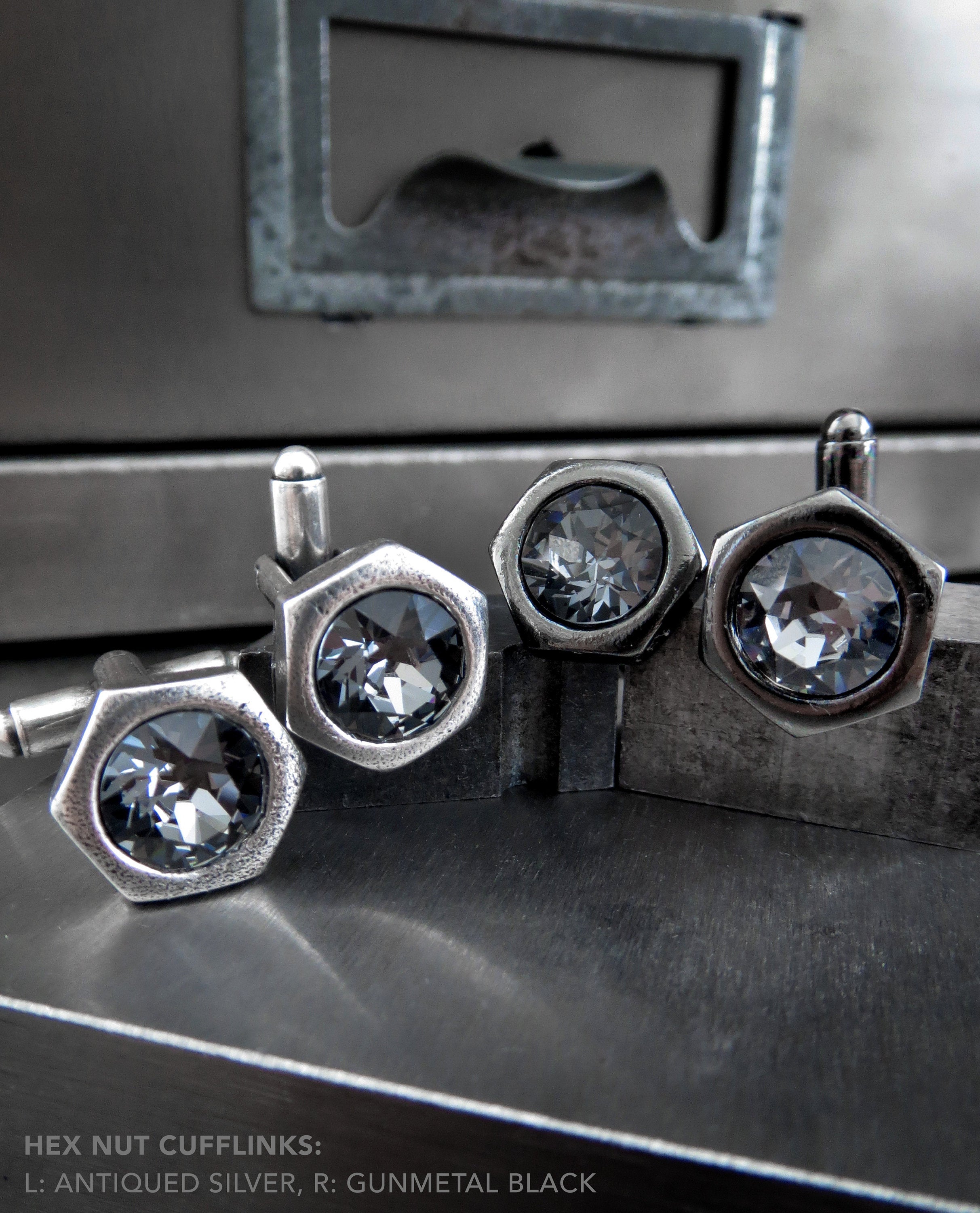 Hex Nut Cufflinks with Dark Grey Crystal - Antiqued Silver