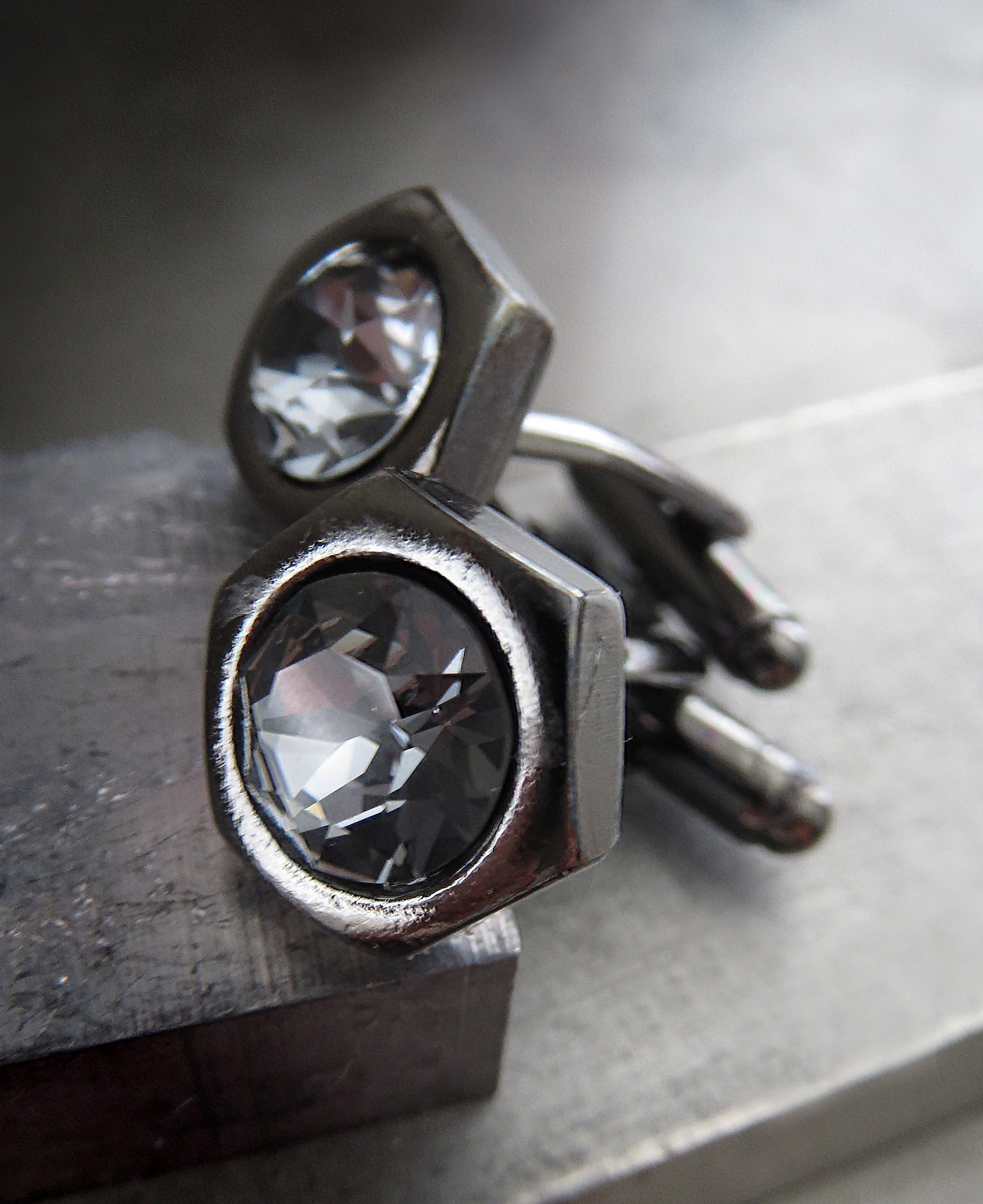 Black Hex Nut Cuff Links with Black Crystal