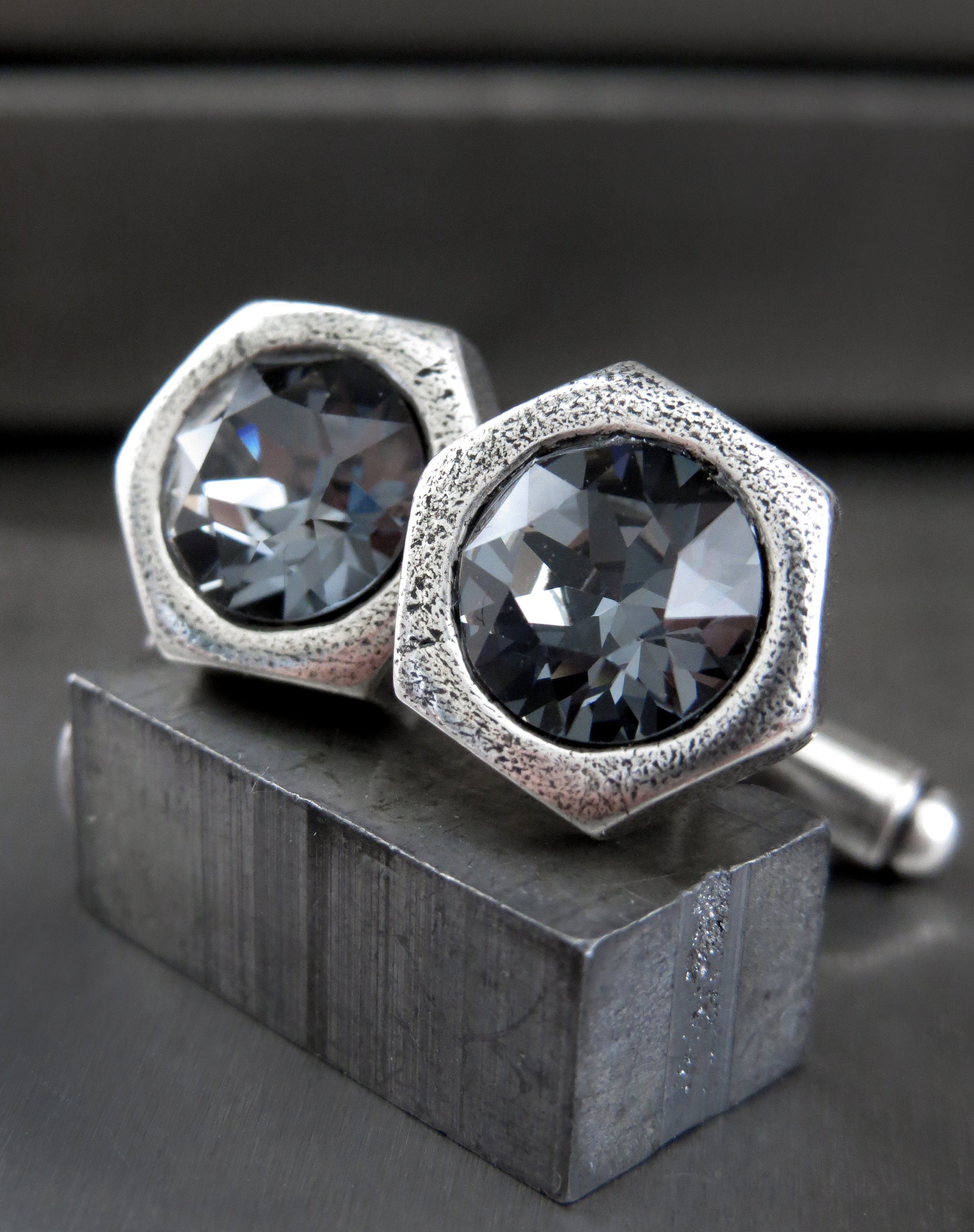 Hex Nut Cufflinks with Dark Grey Crystal - Antiqued Silver