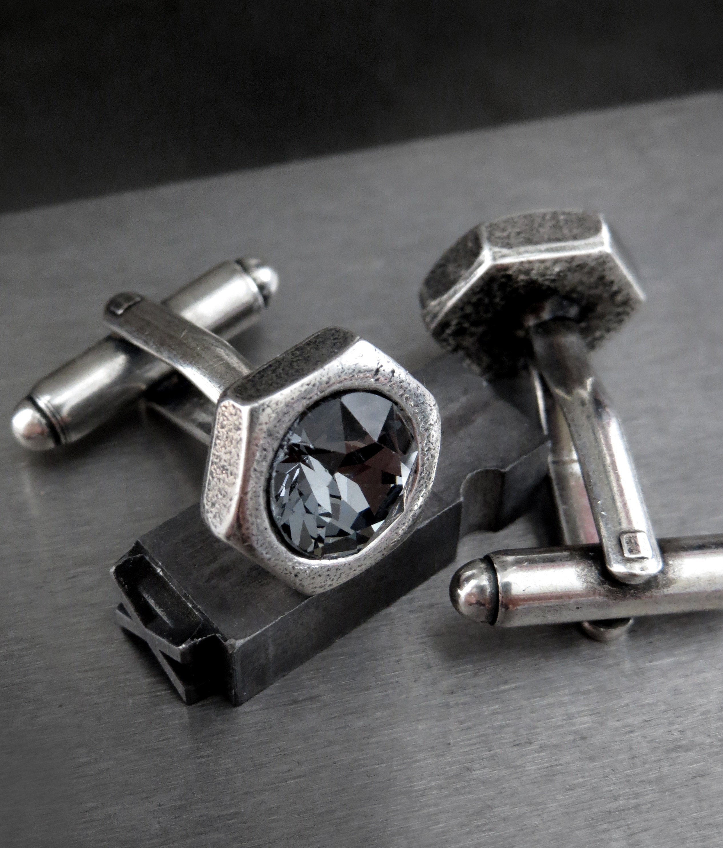 Hex Nut Cufflinks with Dark Grey Crystal - Antiqued Silver