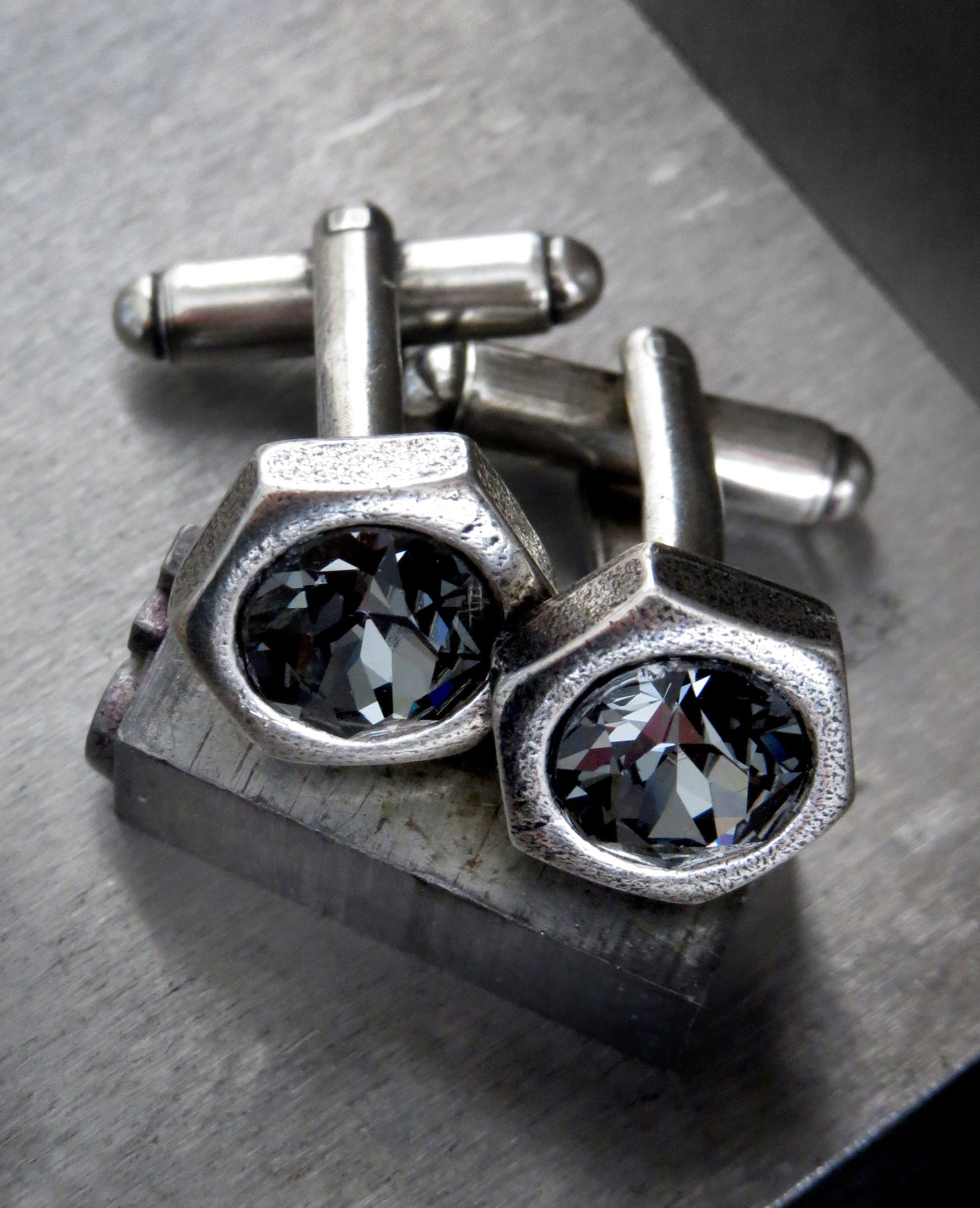 Hex Nut Cufflinks with Dark Grey Crystal - Antiqued Silver