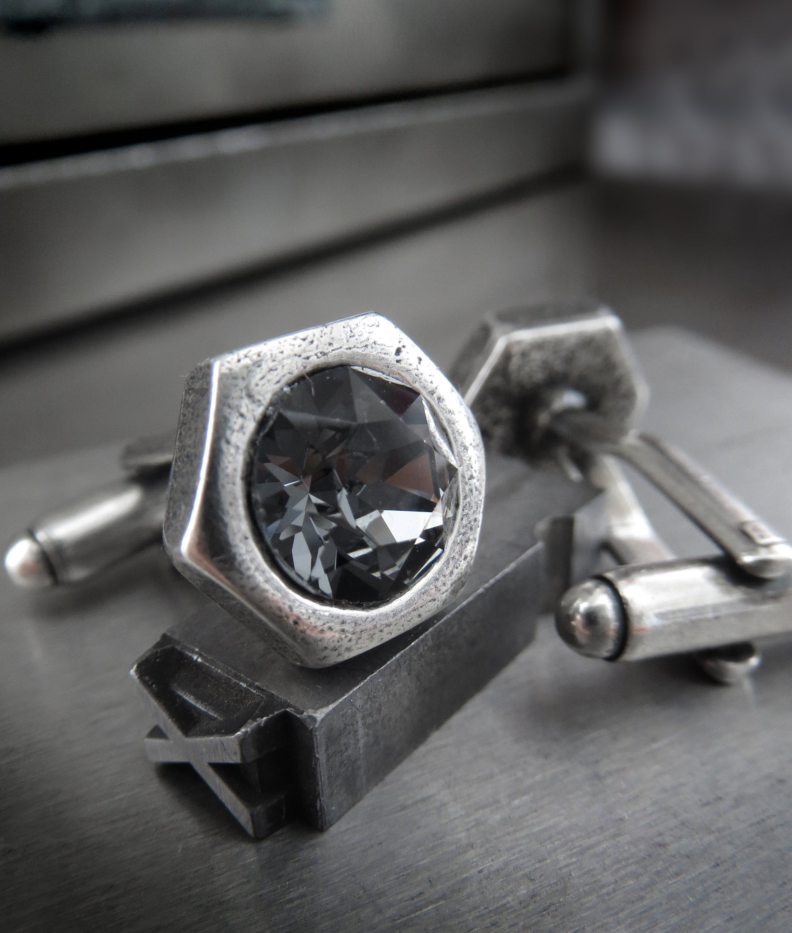 Hex Nut Cufflinks with Dark Grey Crystal - Antiqued Silver