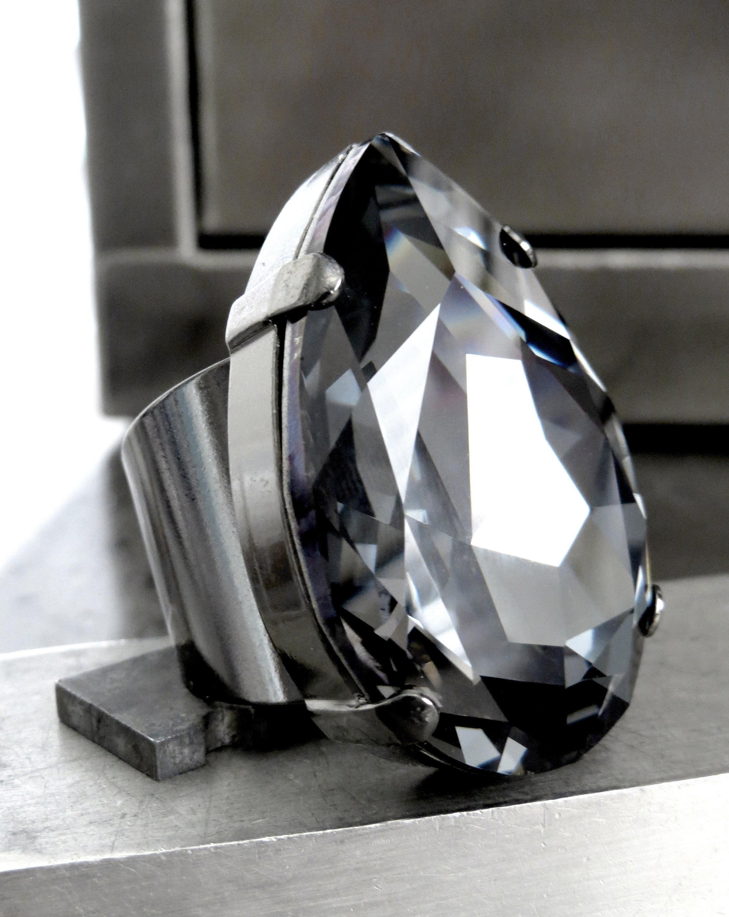 FALLEN ANGEL - Extra Large Charcoal Black Teardrop Crystal Ring