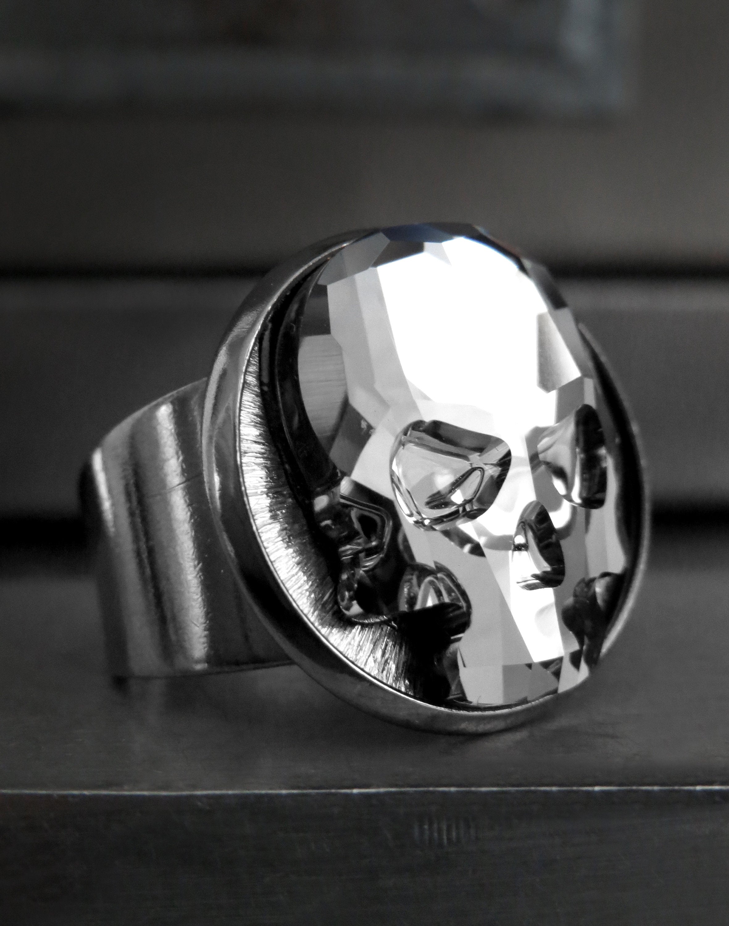 Crystal Skull Ring with Black Night Crystal