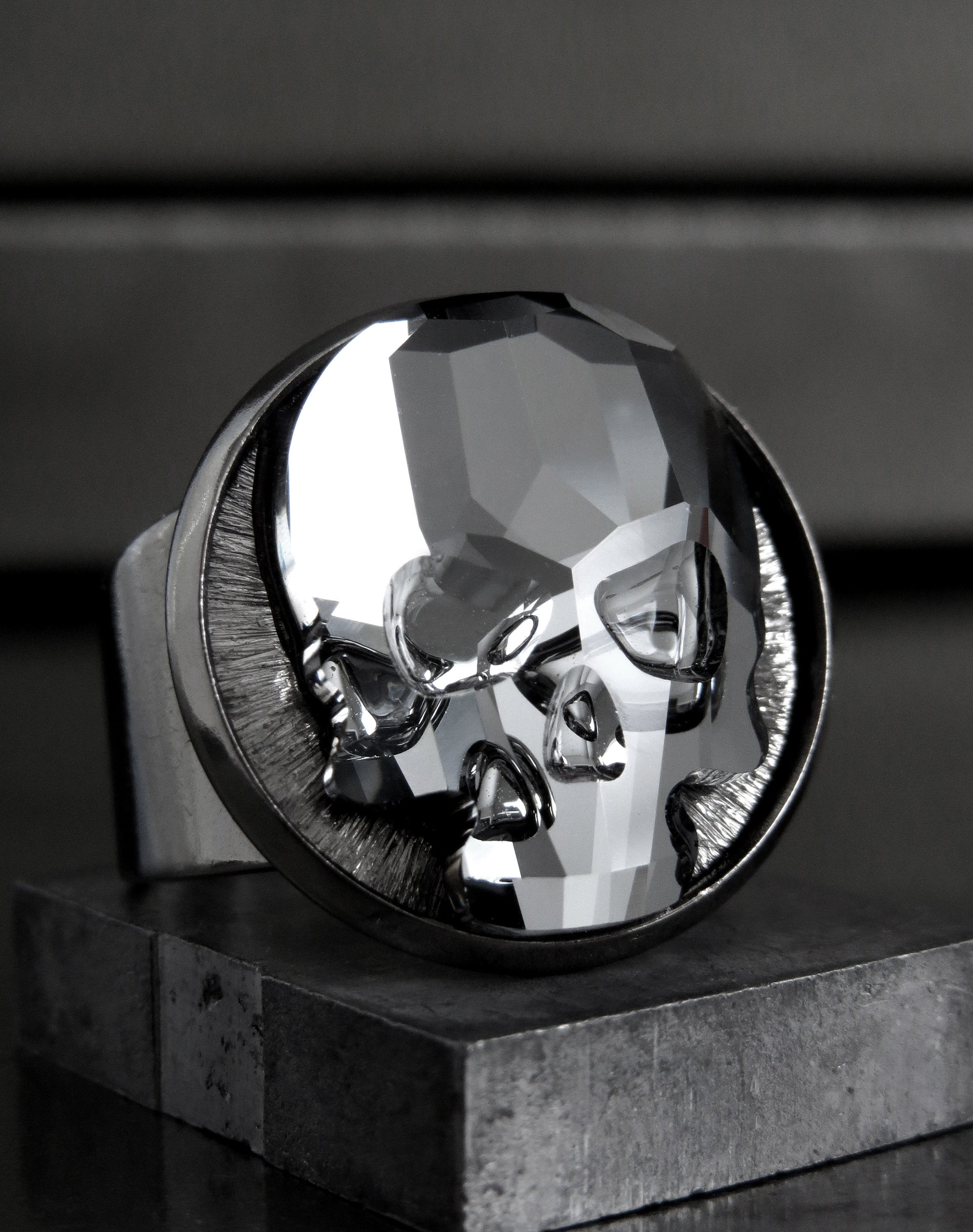 Crystal Skull Ring with Black Night Crystal