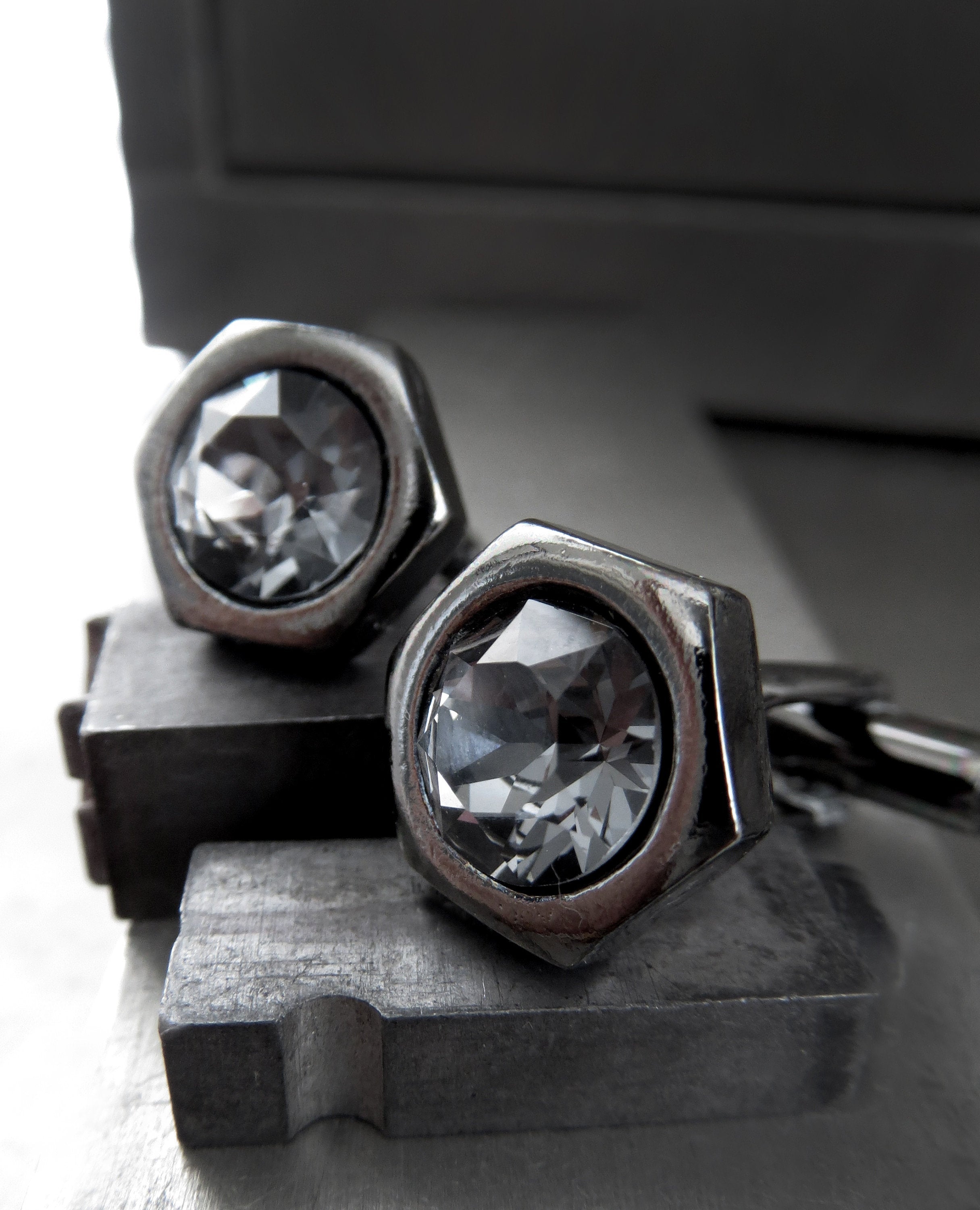 Black Hex Nut Cuff Links with Black Crystal