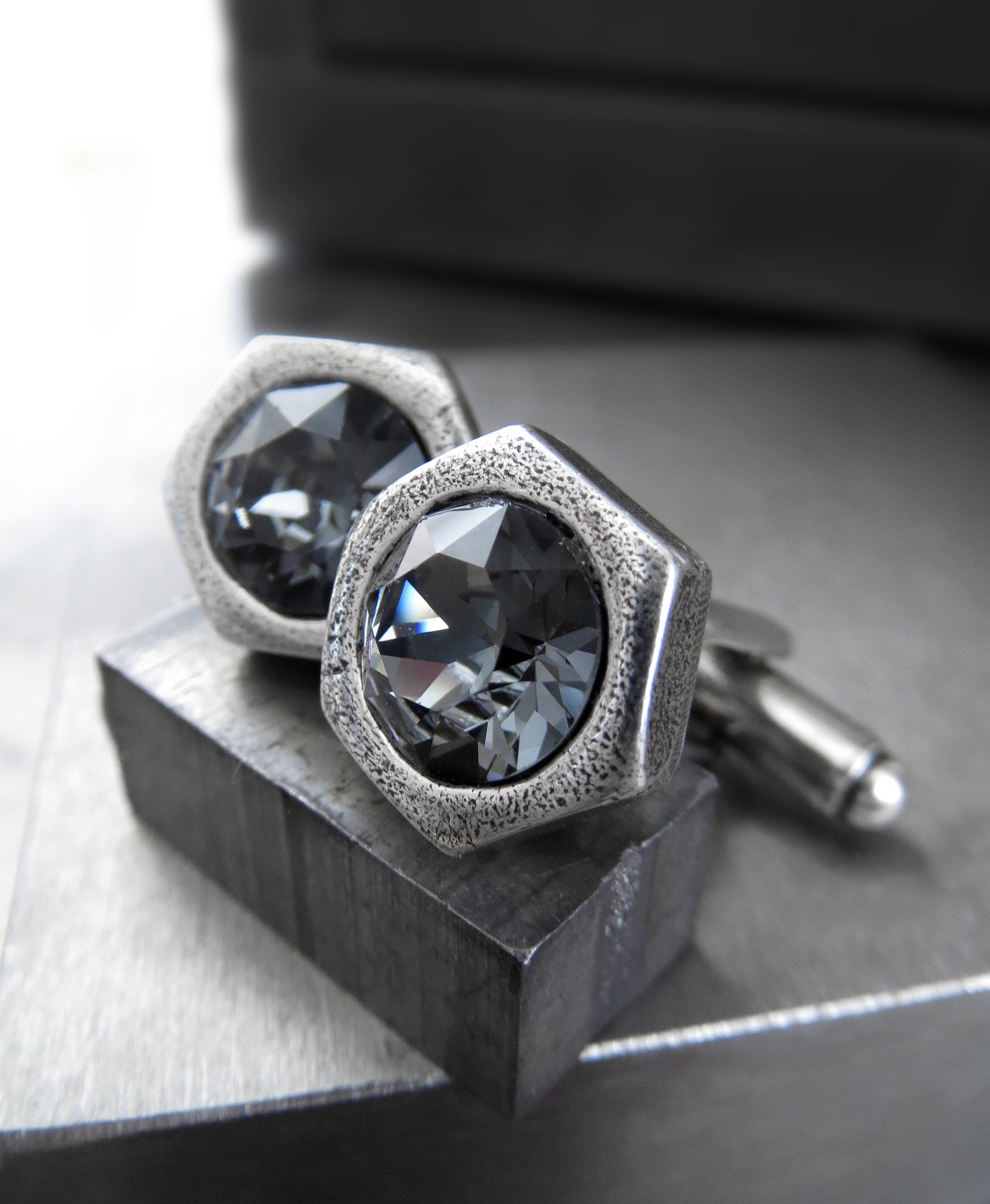Hex Nut Cufflinks with Dark Grey Crystal - Antiqued Silver