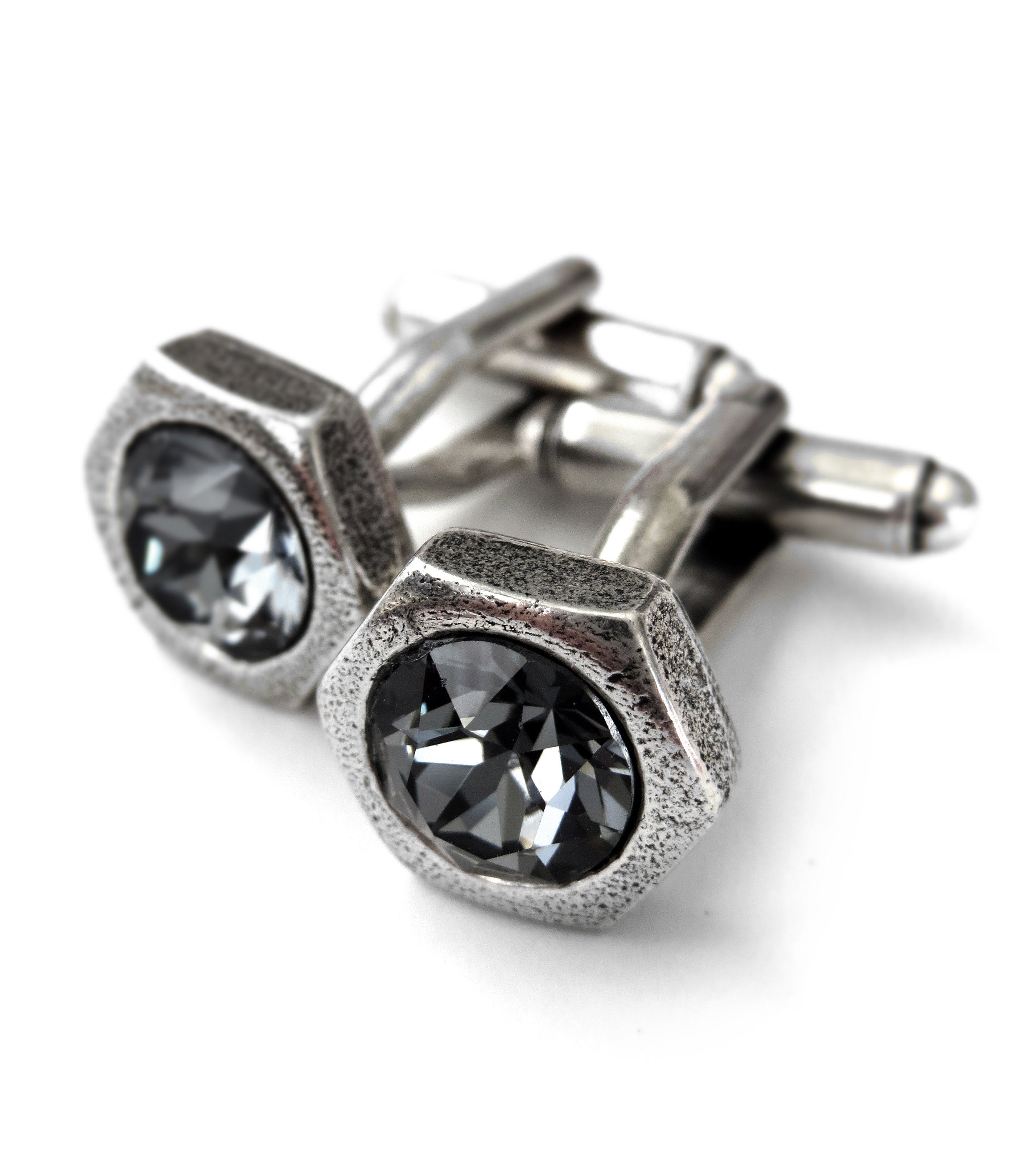 Hex Nut Cufflinks with Dark Grey Crystal - Antiqued Silver