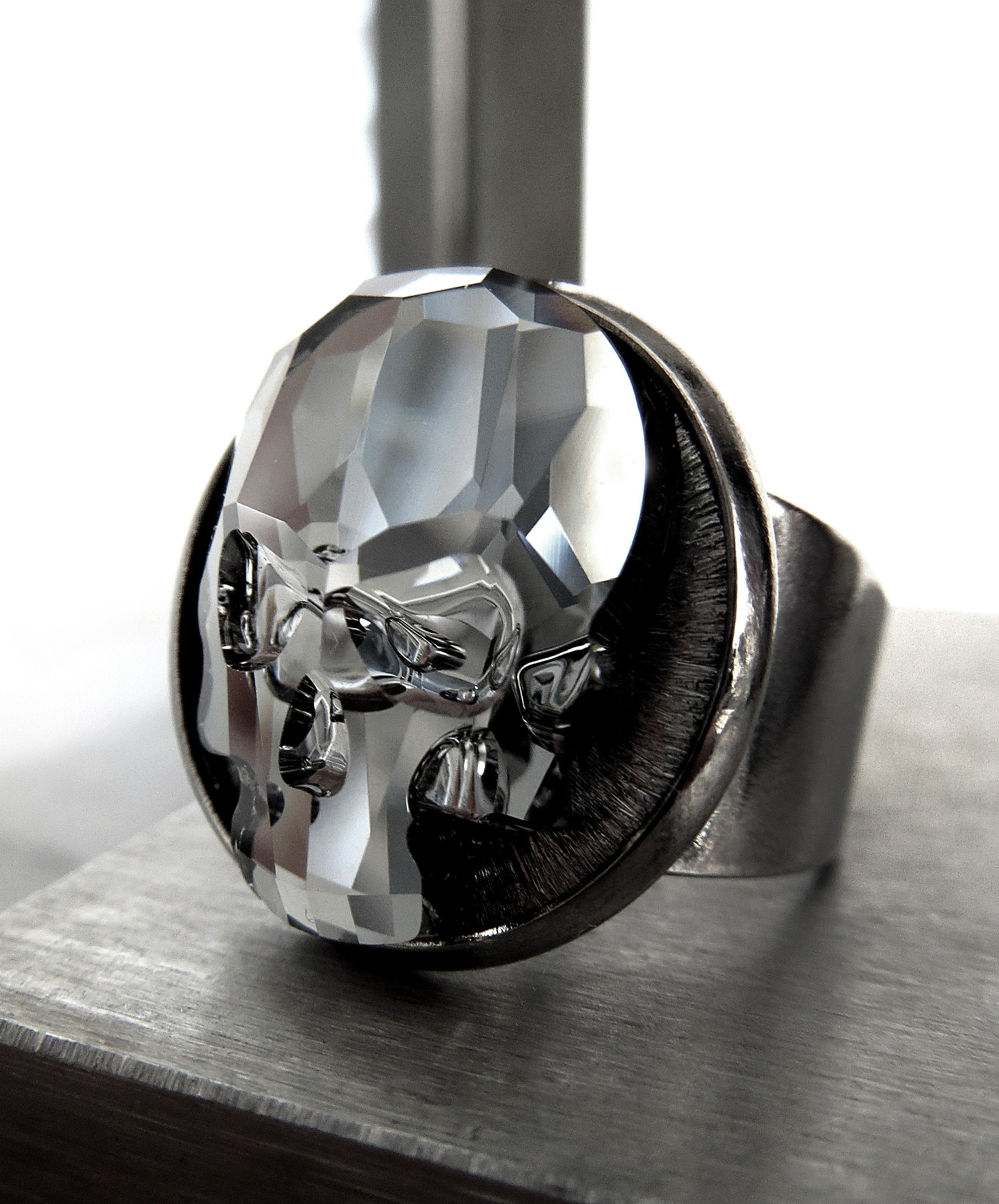 Crystal Skull Ring with Black Night Crystal