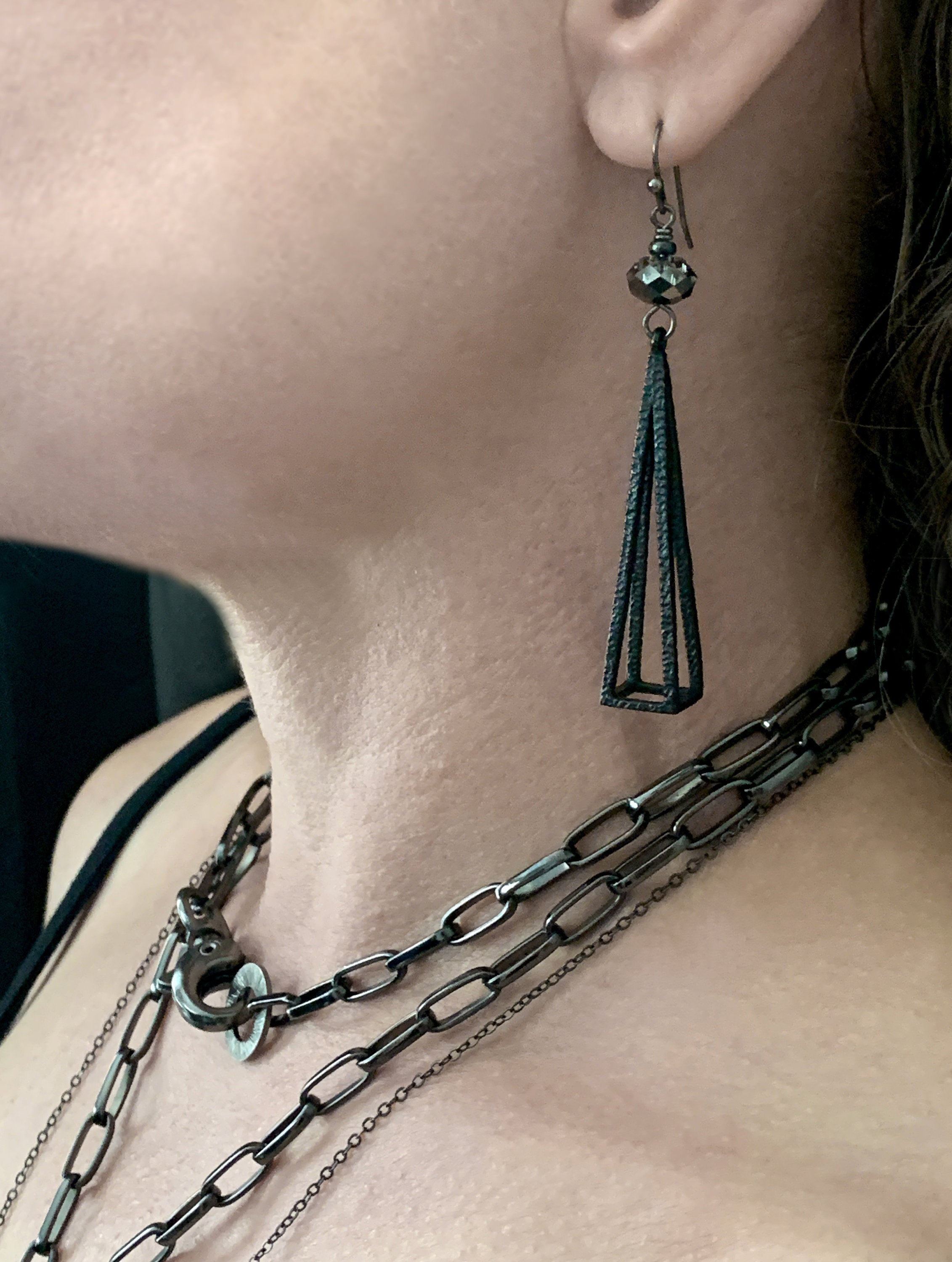 PYRAMID - Long Black Triangle Pyramid Earrings