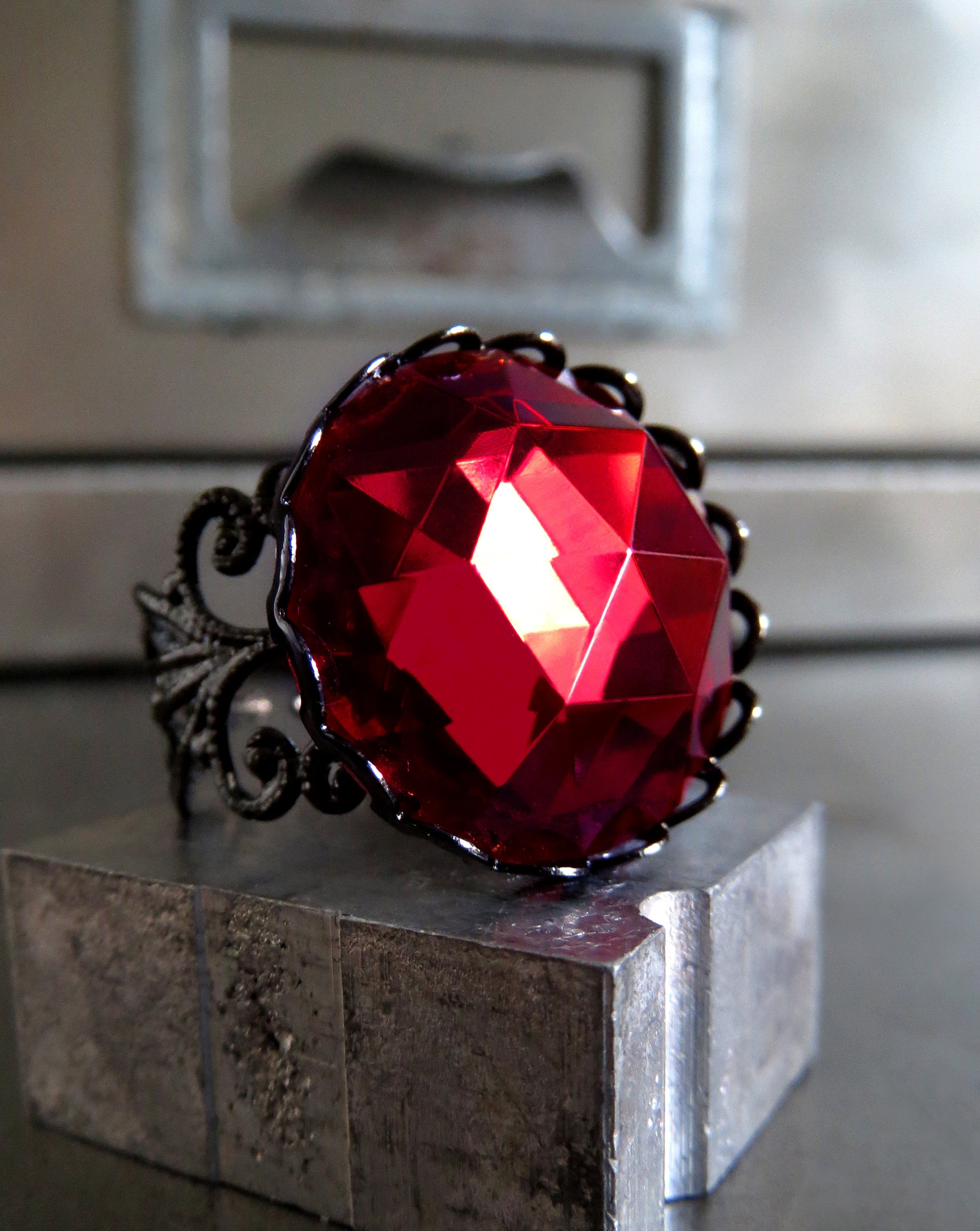 Deep Blood Red Gothic Halloween Ring - Black Filigree Band