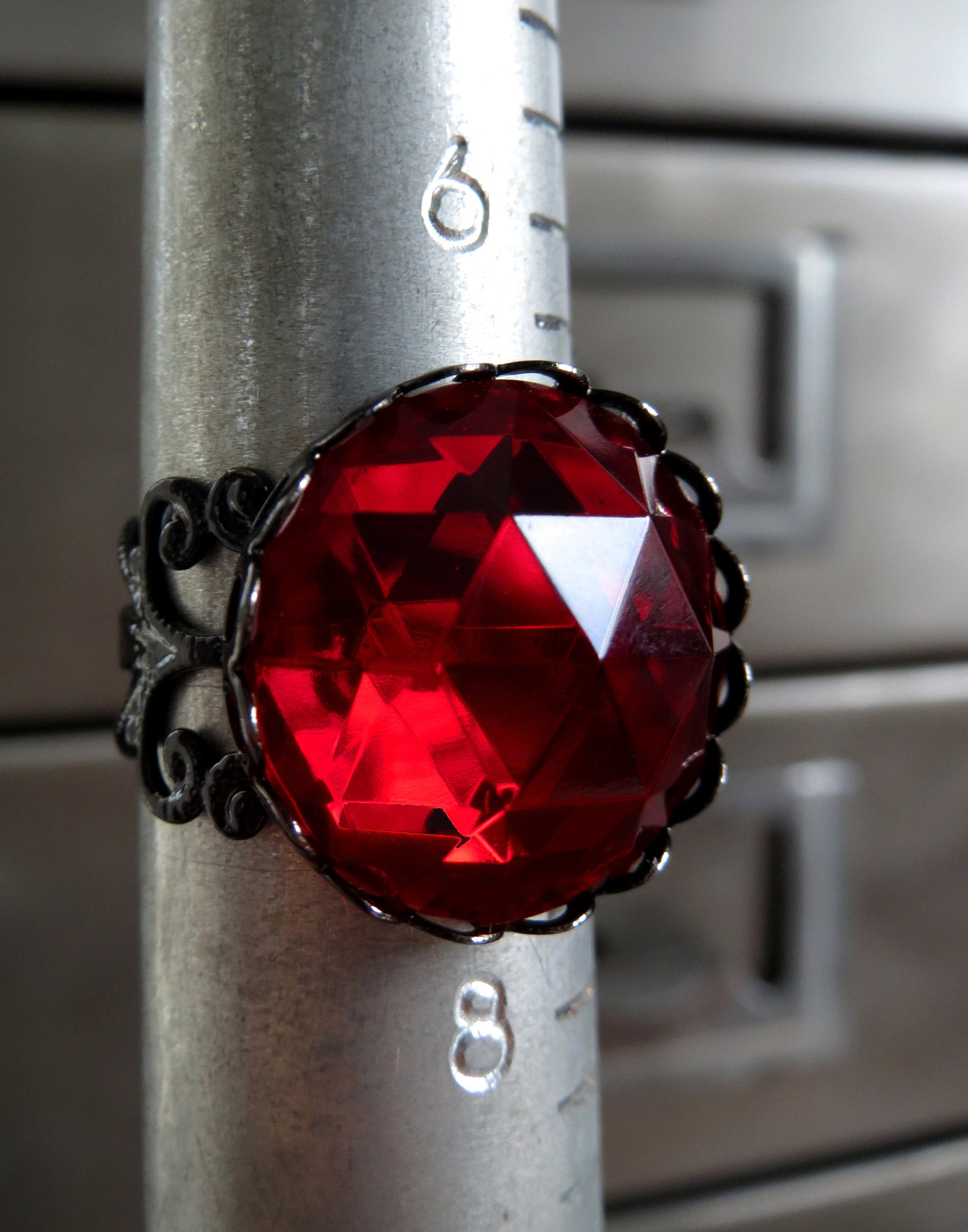 Deep Blood Red Gothic Halloween Ring - Black Filigree Band