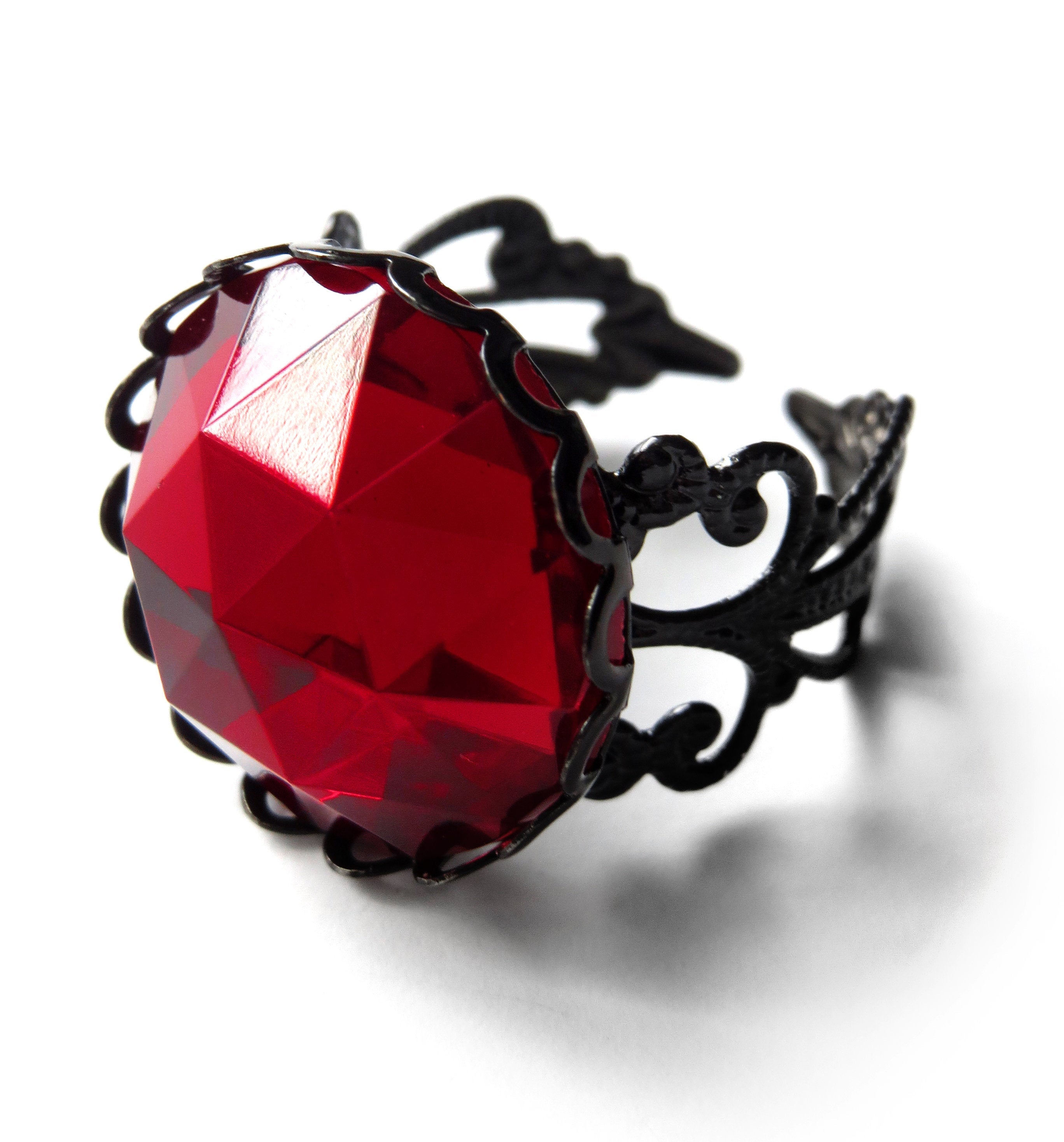 Deep Blood Red Gothic Halloween Ring - Black Filigree Band