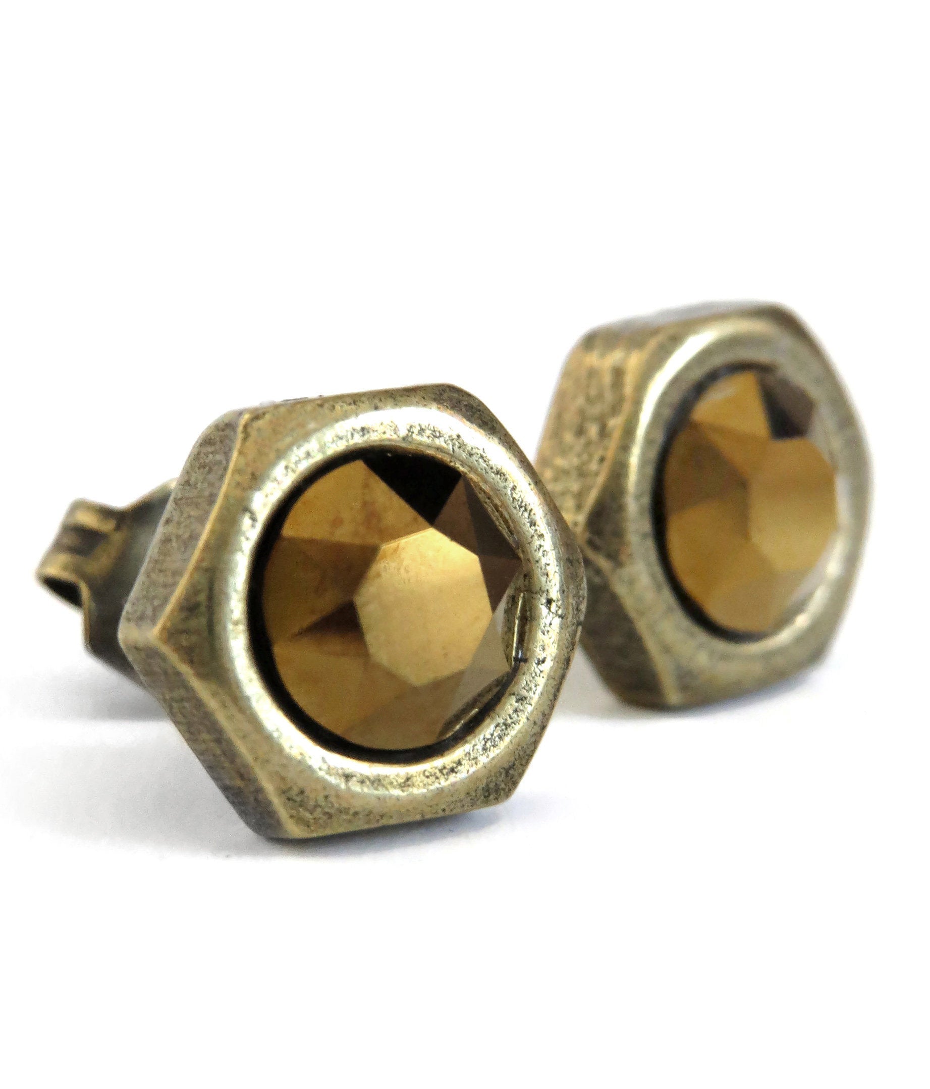 OLD GOLD - Mens Hex Nut Stud Earrings with Metallic Gold Crystal
