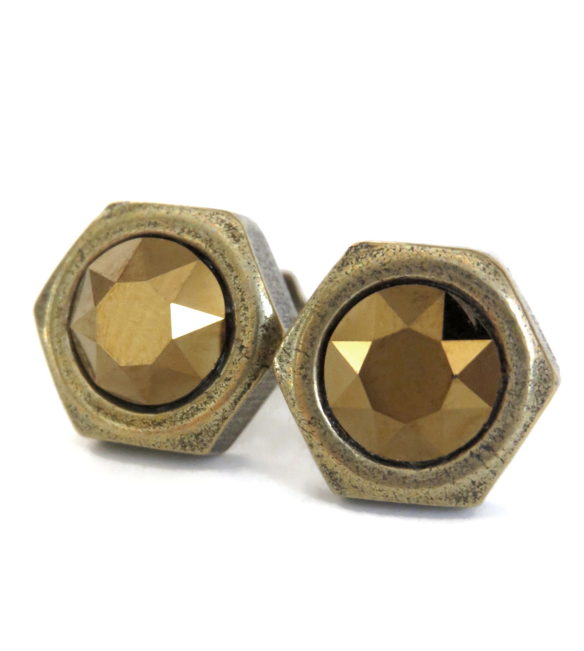 OLD GOLD - Mens Hex Nut Stud Earrings with Metallic Gold Crystal