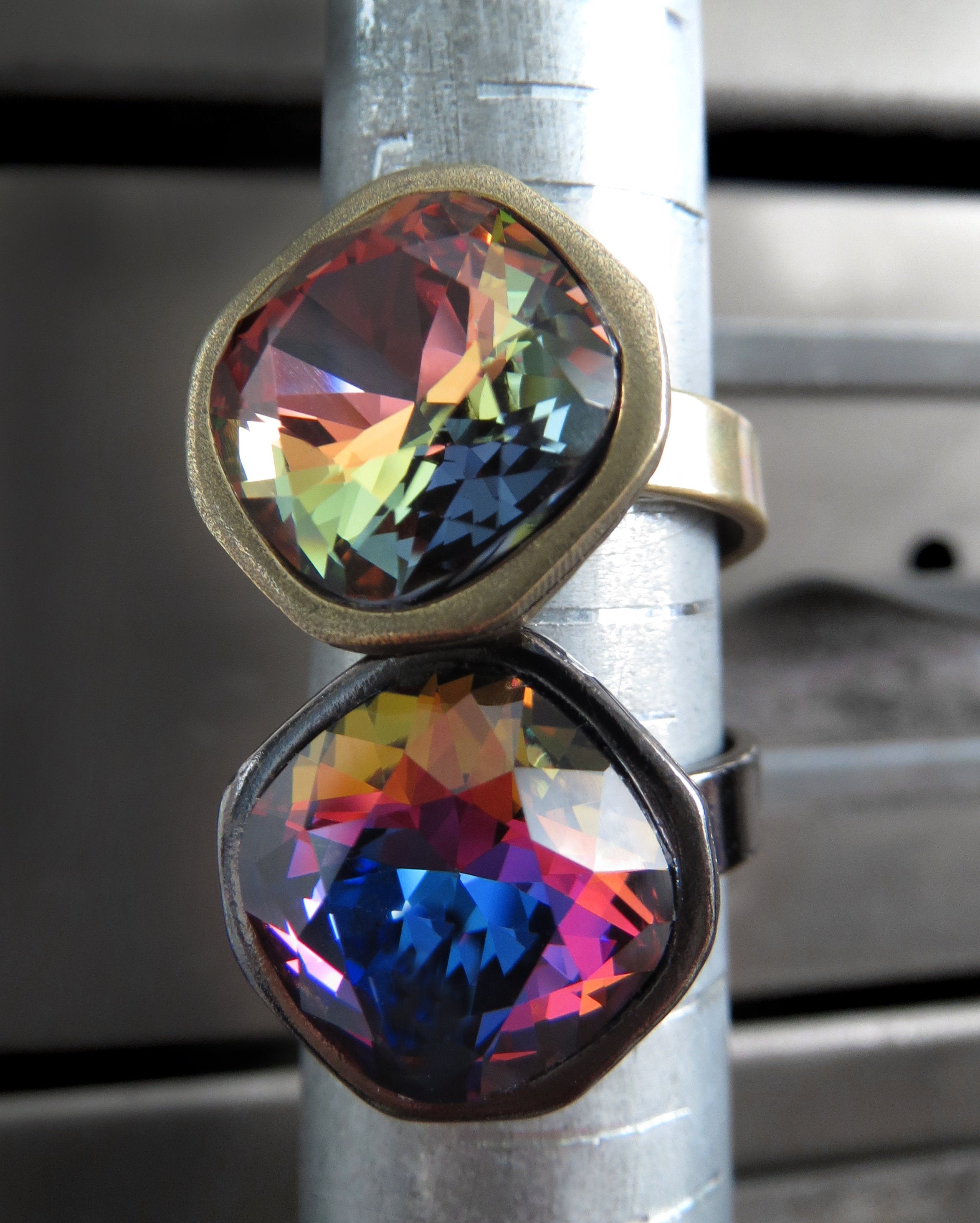 KALEIDOSCOPE - Rainbow Crystal RIng with Goth Black Vibes