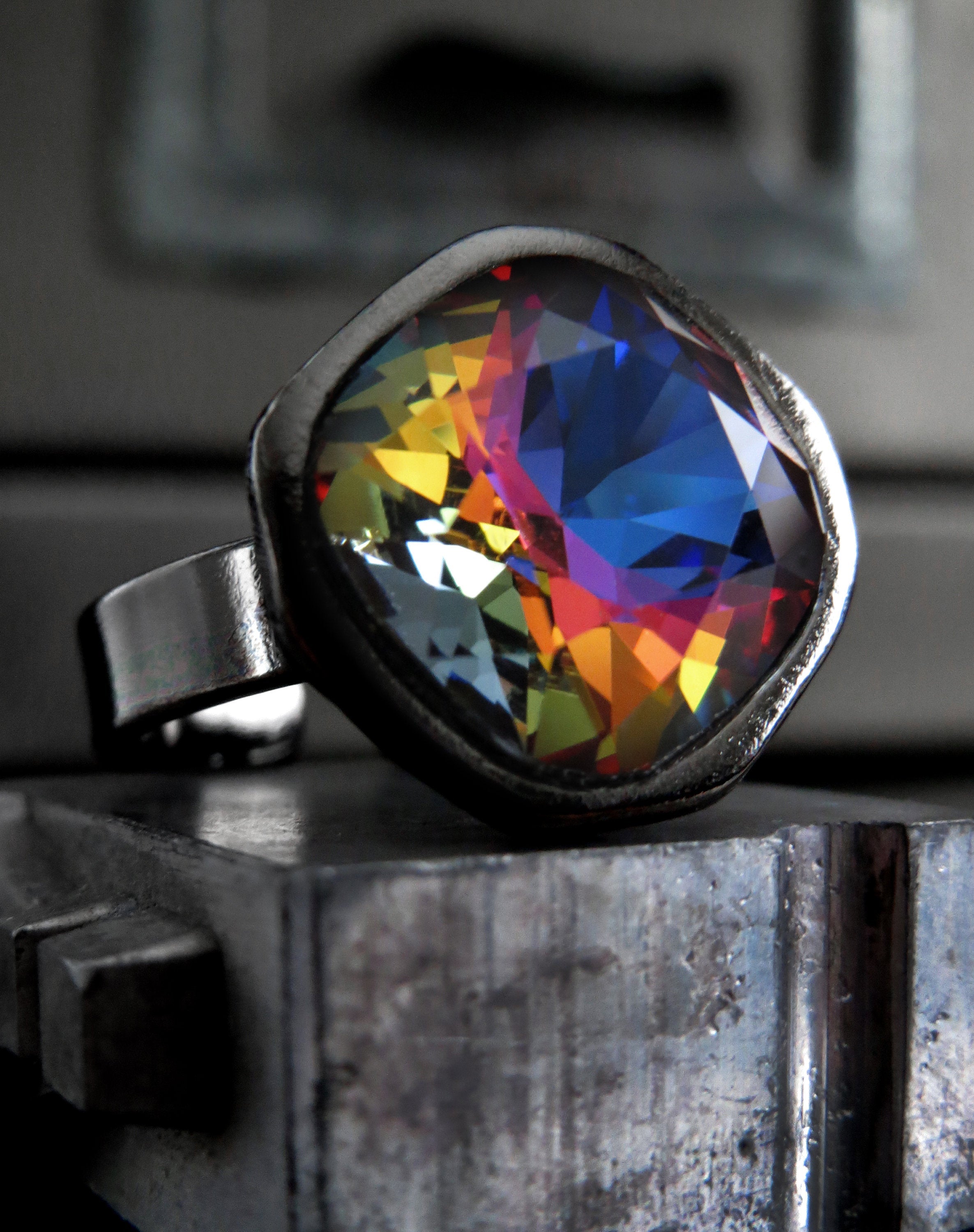 KALEIDOSCOPE Dark Rainbow Crystal RIng with Goth Black Vibes ShySiren