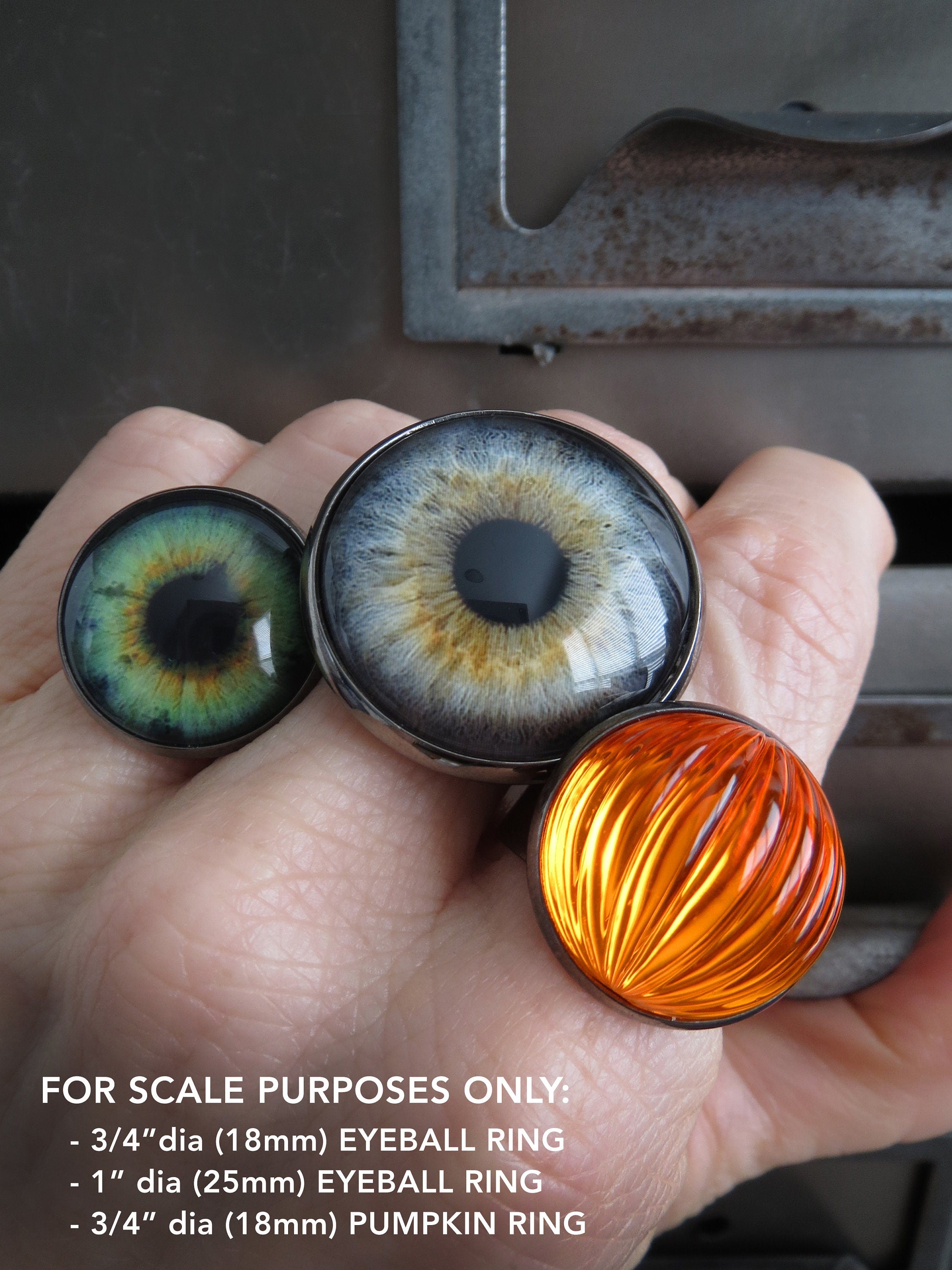 Army Green Eyeball Ring w Brown Flecks - Realistic Eye Ball Ring, Evil Eye Ring, Adjustable Black Ring Band - Goth Halloween Gift for Teen