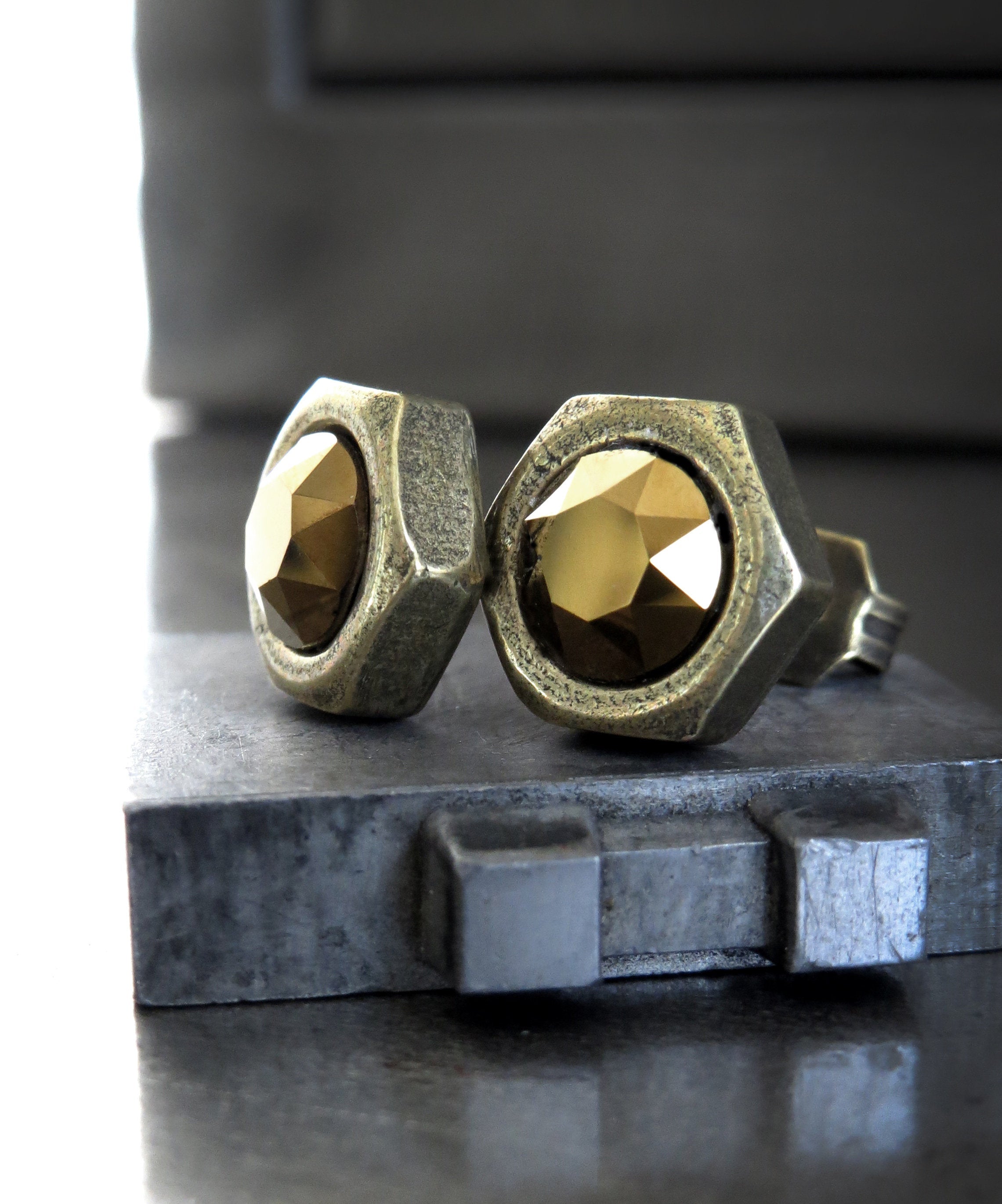 OLD GOLD - Mens Hex Nut Stud Earrings with Metallic Gold Crystal