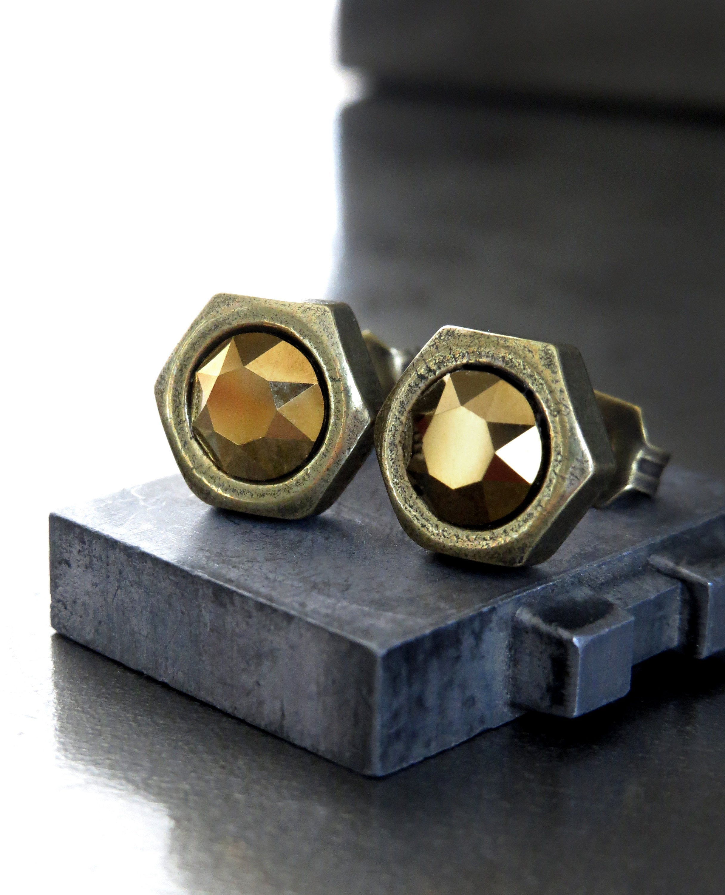 OLD GOLD - Mens Hex Nut Stud Earrings with Metallic Gold Crystal