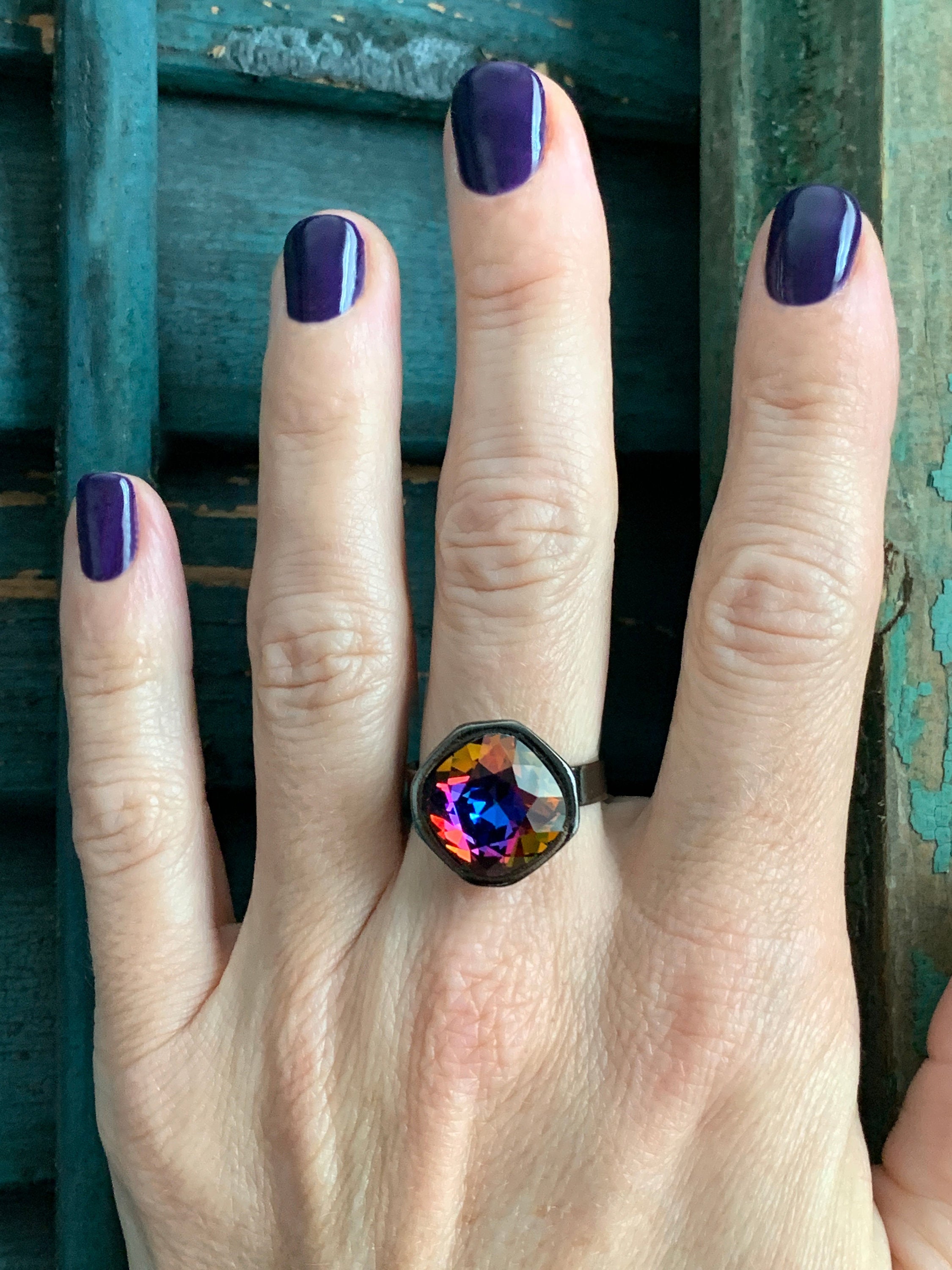 KALEIDOSCOPE - Rainbow Crystal RIng with Goth Black Vibes