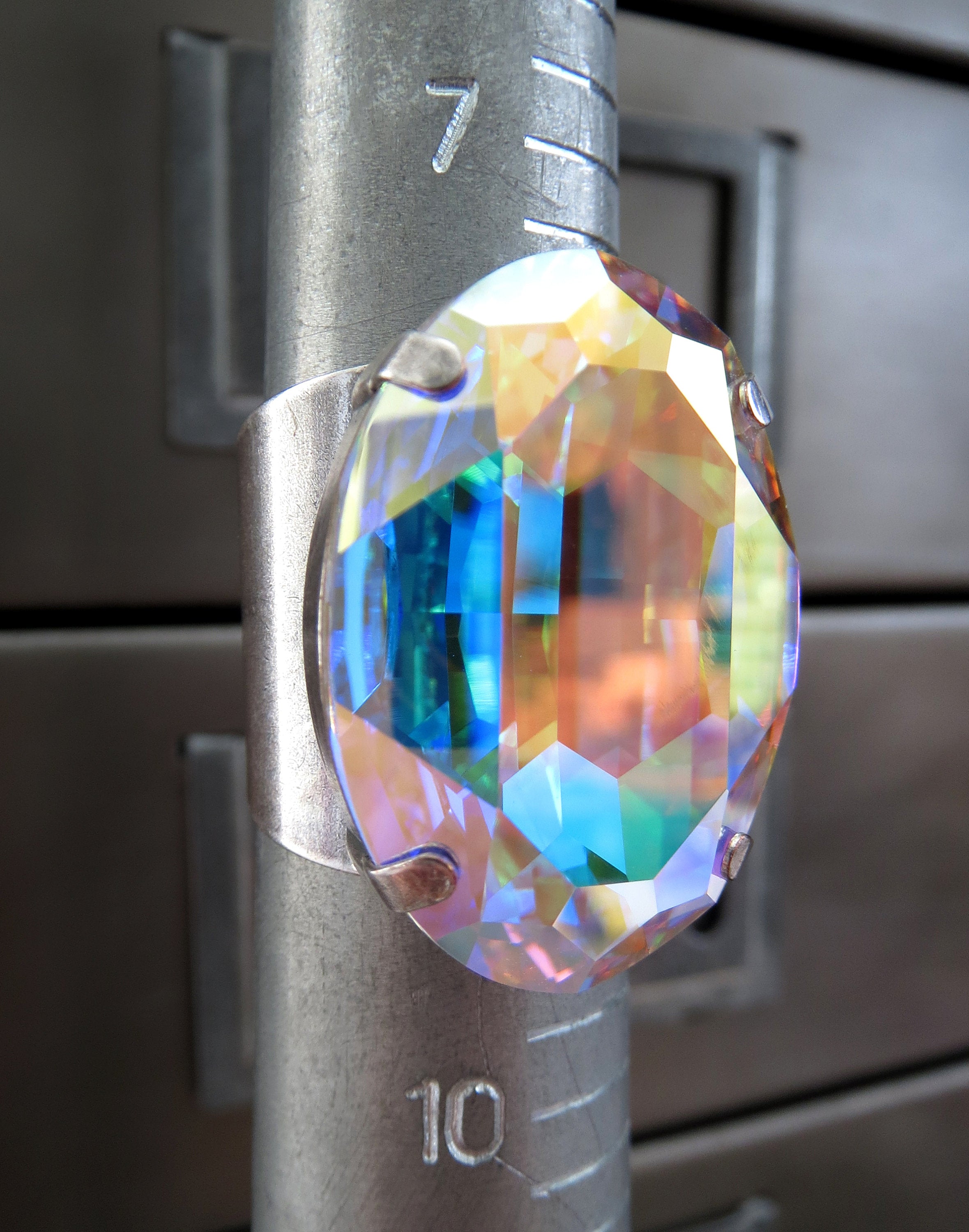 EXALTED - Large Oval Crystal Cocktail Ring - Swarovski Crystal AB - Shimmering Colorful Multicolor Pastel Flashes of Color - Adjustable Band