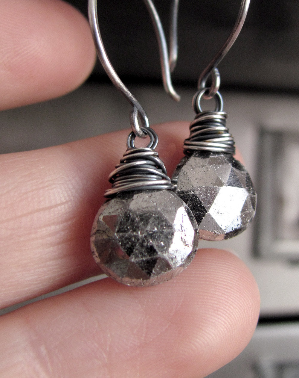 Silver Pyrite Gemstone Teardrop Earrings with Wire Wrap
