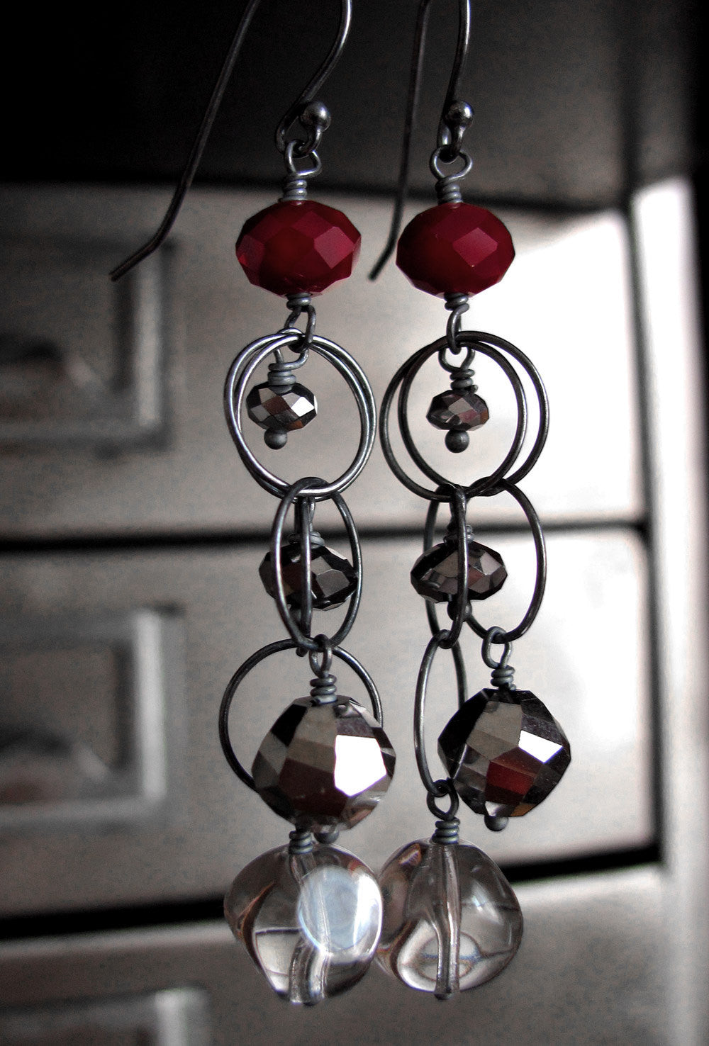 SMOKE & LIPSTICK - Long Chain Earrings with Oxidized Sterling Silver