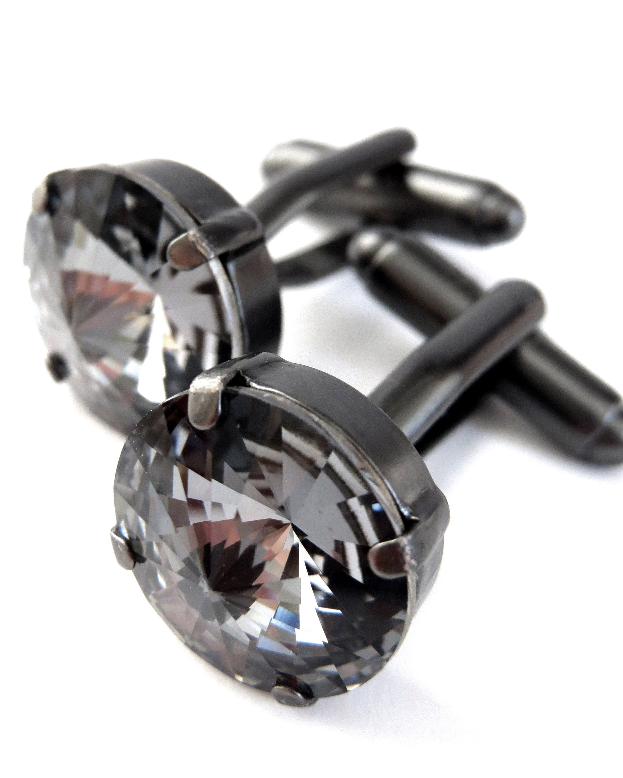 Black Midnight Crystal Cufflinks with Swarovski Crystal - Round Charcoal Grey Crystal Cuff Links - Groom Groomsmen Gift, Unisex Cuff Links