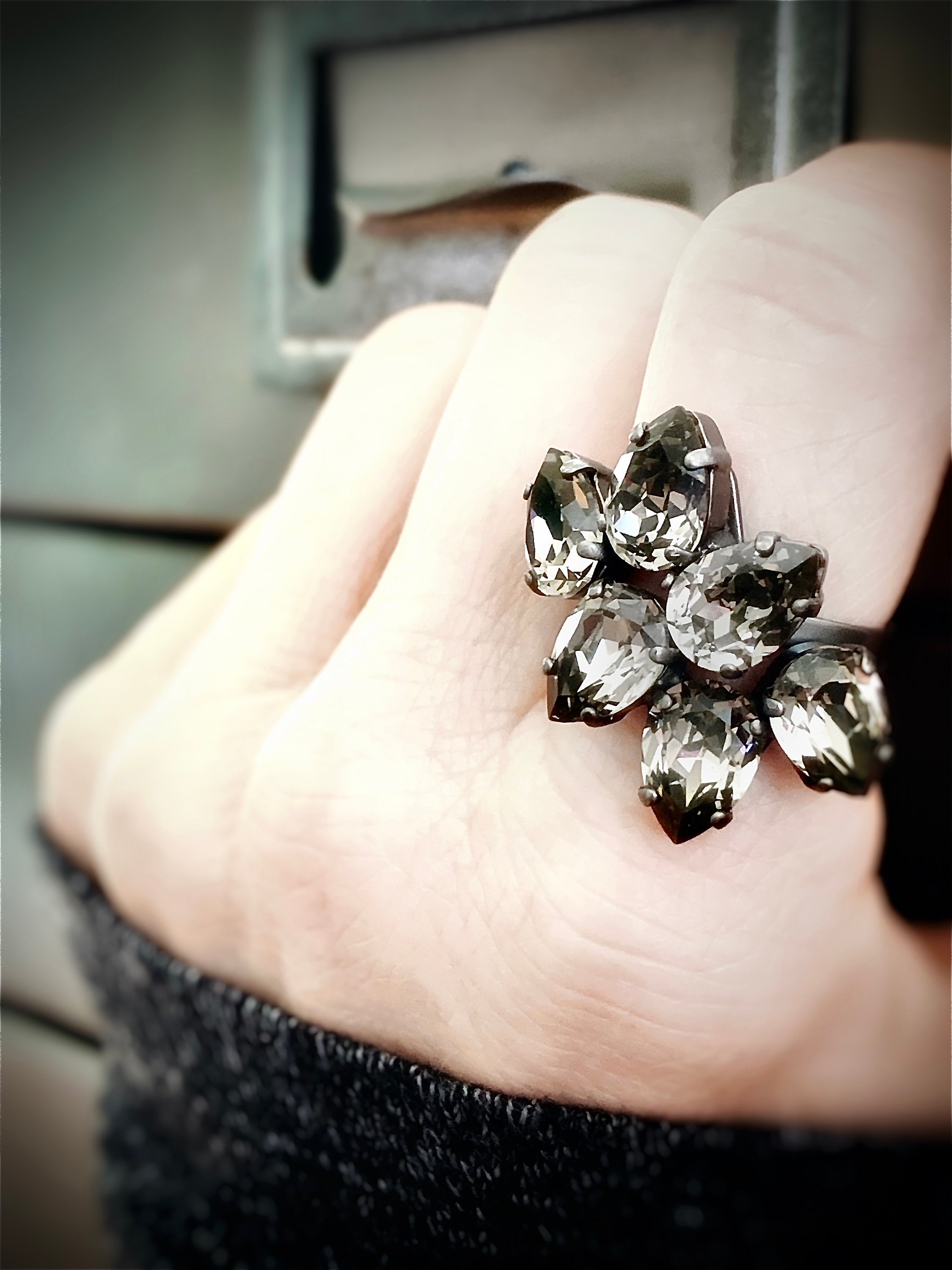 SMOLDER - Black Diamond Teardrop Trio Clear Crystal Ring, Pear Cocktail Ring with Vintage Swarovski Crystal - Hollywood Vintage Style Ring