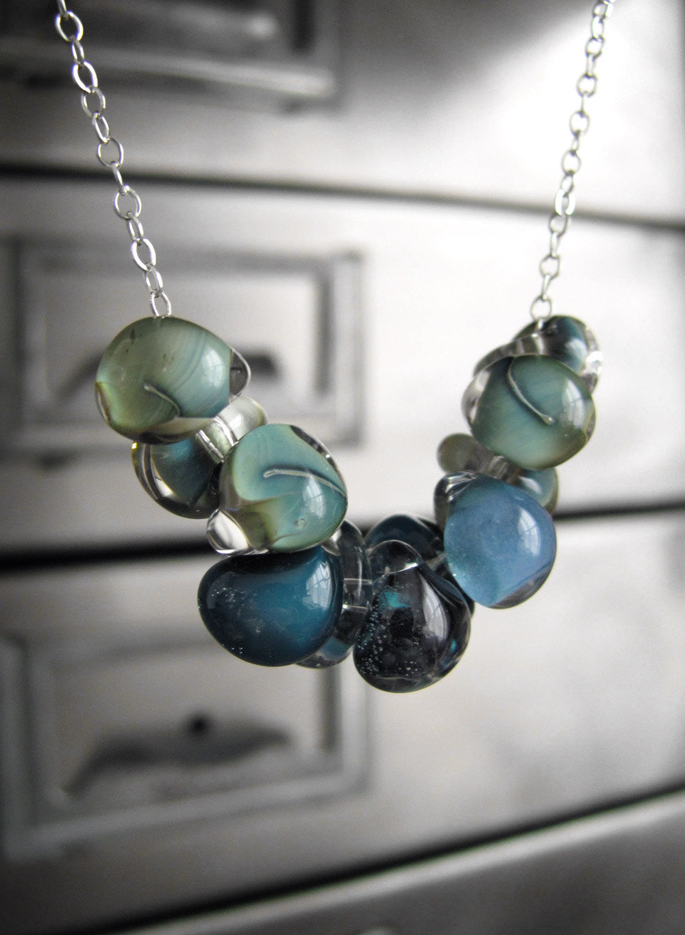 SHORELINE - Glass Drop Necklace in Ombre Blue, Aqua, Seafoam Green