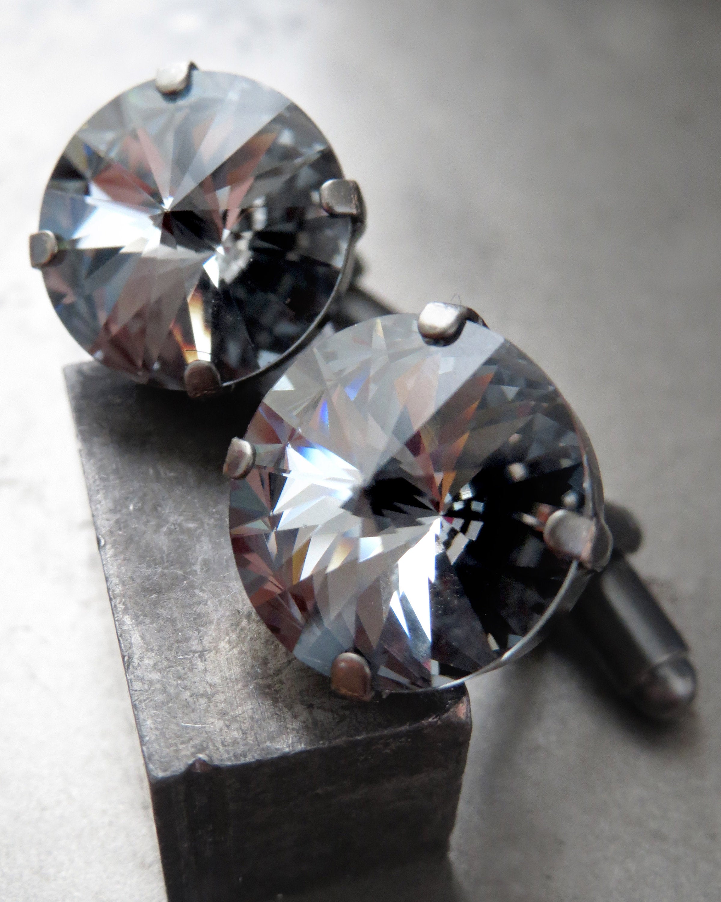 Black Midnight Crystal Cufflinks with Swarovski Crystal - Round Charcoal Grey Crystal Cuff Links - Groom Groomsmen Gift, Unisex Cuff Links