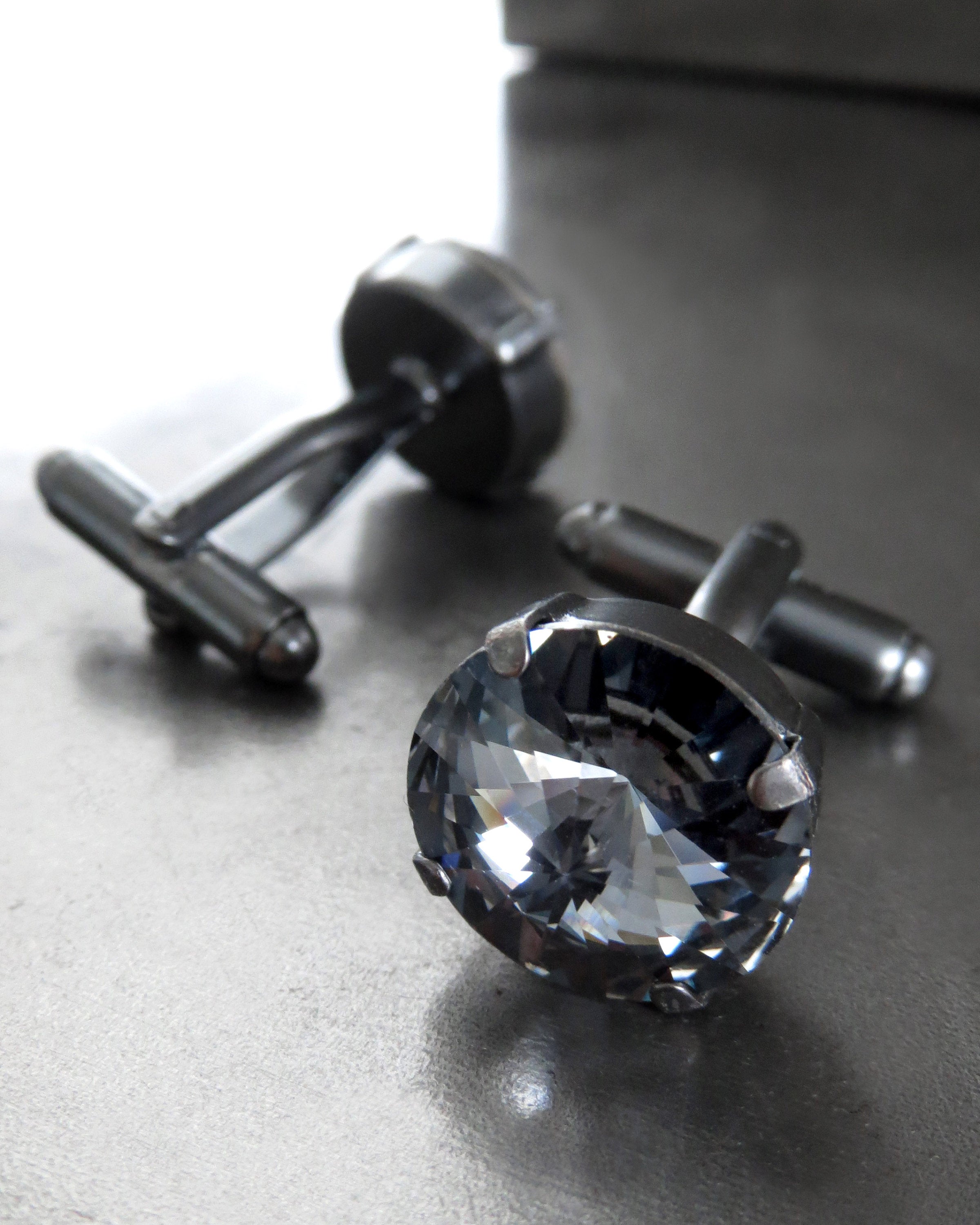 Black Midnight Crystal Cufflinks with Swarovski Crystal - Round Charcoal Grey Crystal Cuff Links - Groom Groomsmen Gift, Unisex Cuff Links