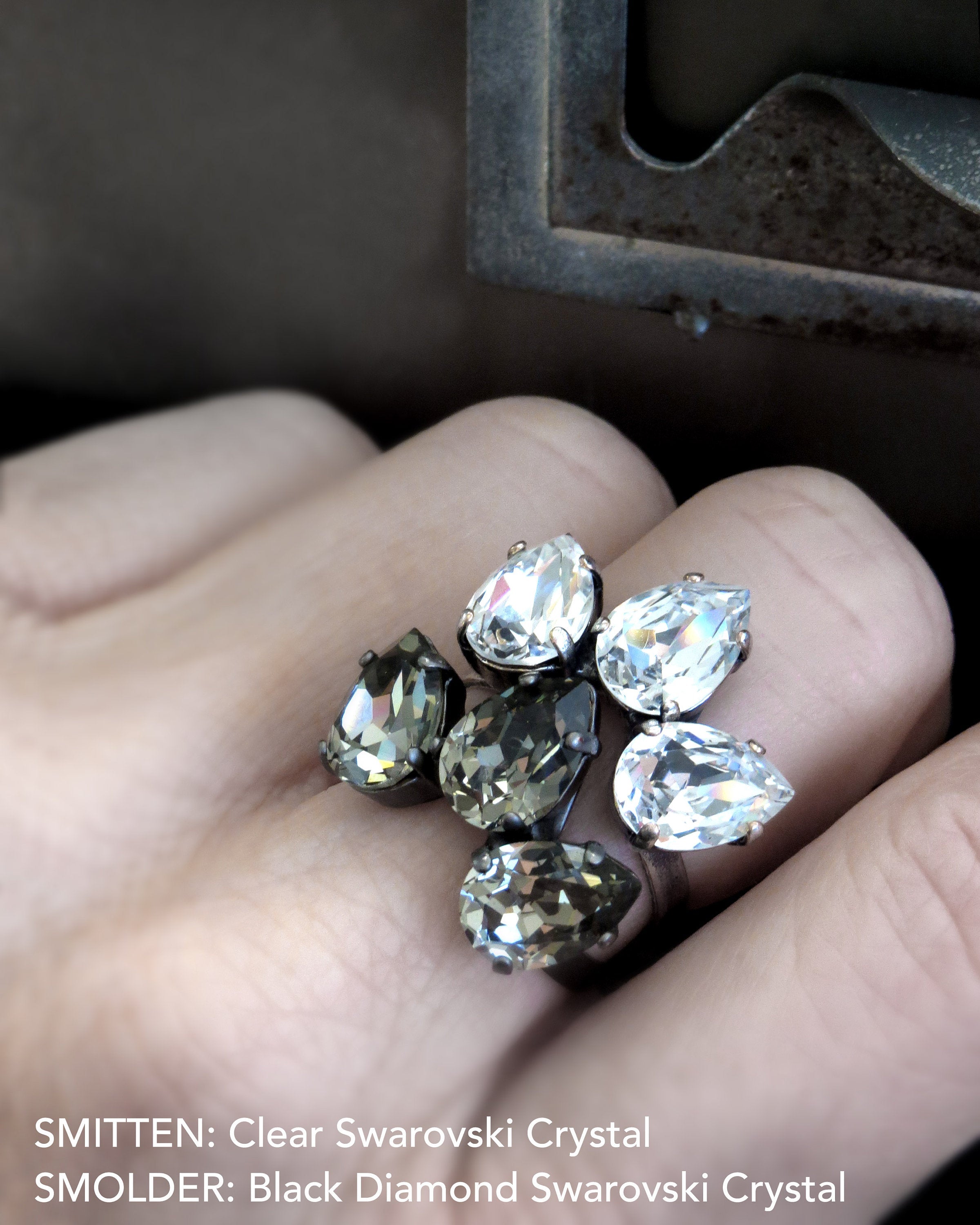 SMOLDER - Black Diamond Teardrop Trio Clear Crystal Ring, Pear Cocktail Ring with Vintage Swarovski Crystal - Hollywood Vintage Style Ring