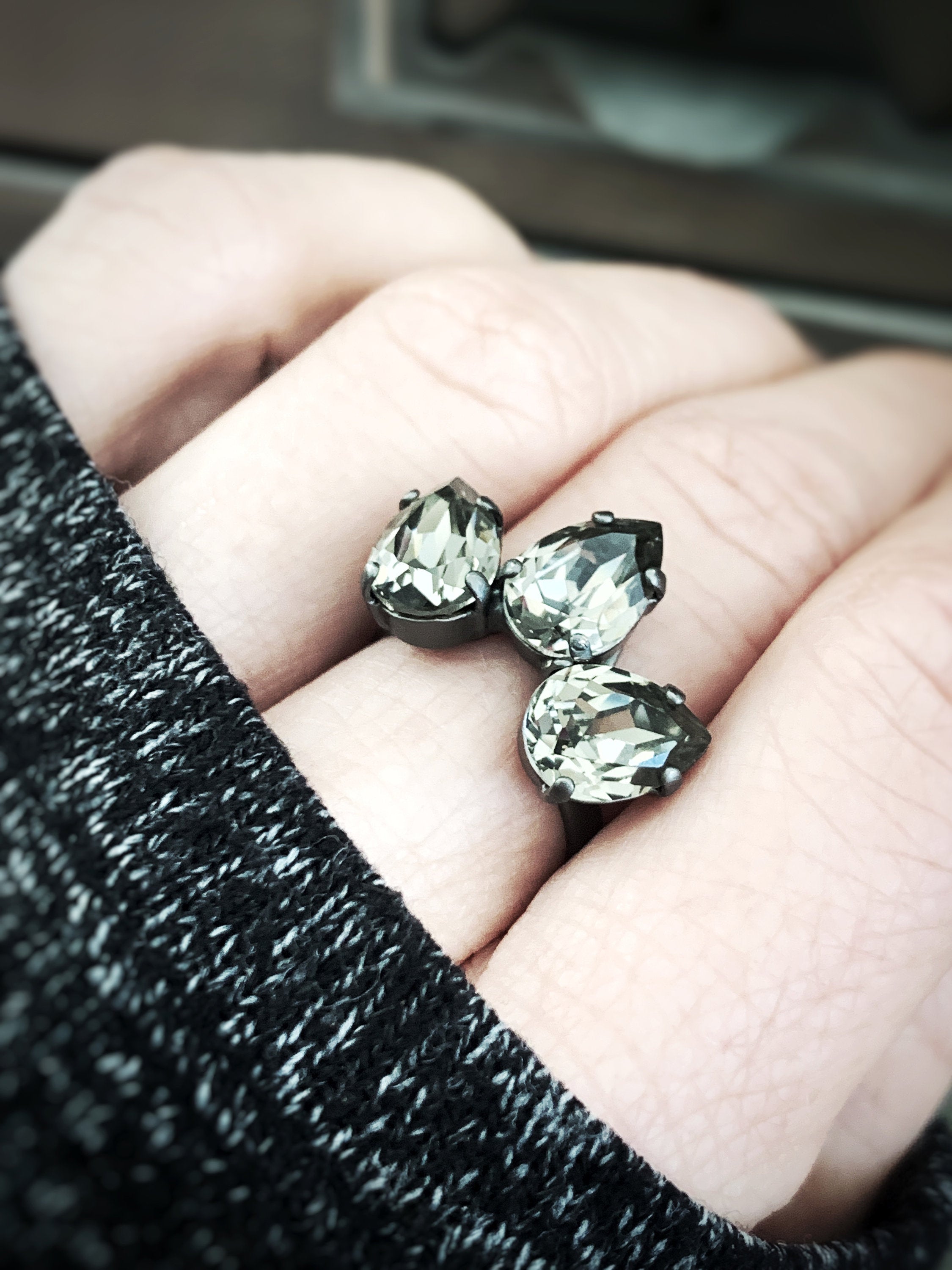 SMOLDER - Black Diamond Teardrop Trio Clear Crystal Ring, Pear Cocktail Ring with Vintage Swarovski Crystal - Hollywood Vintage Style Ring