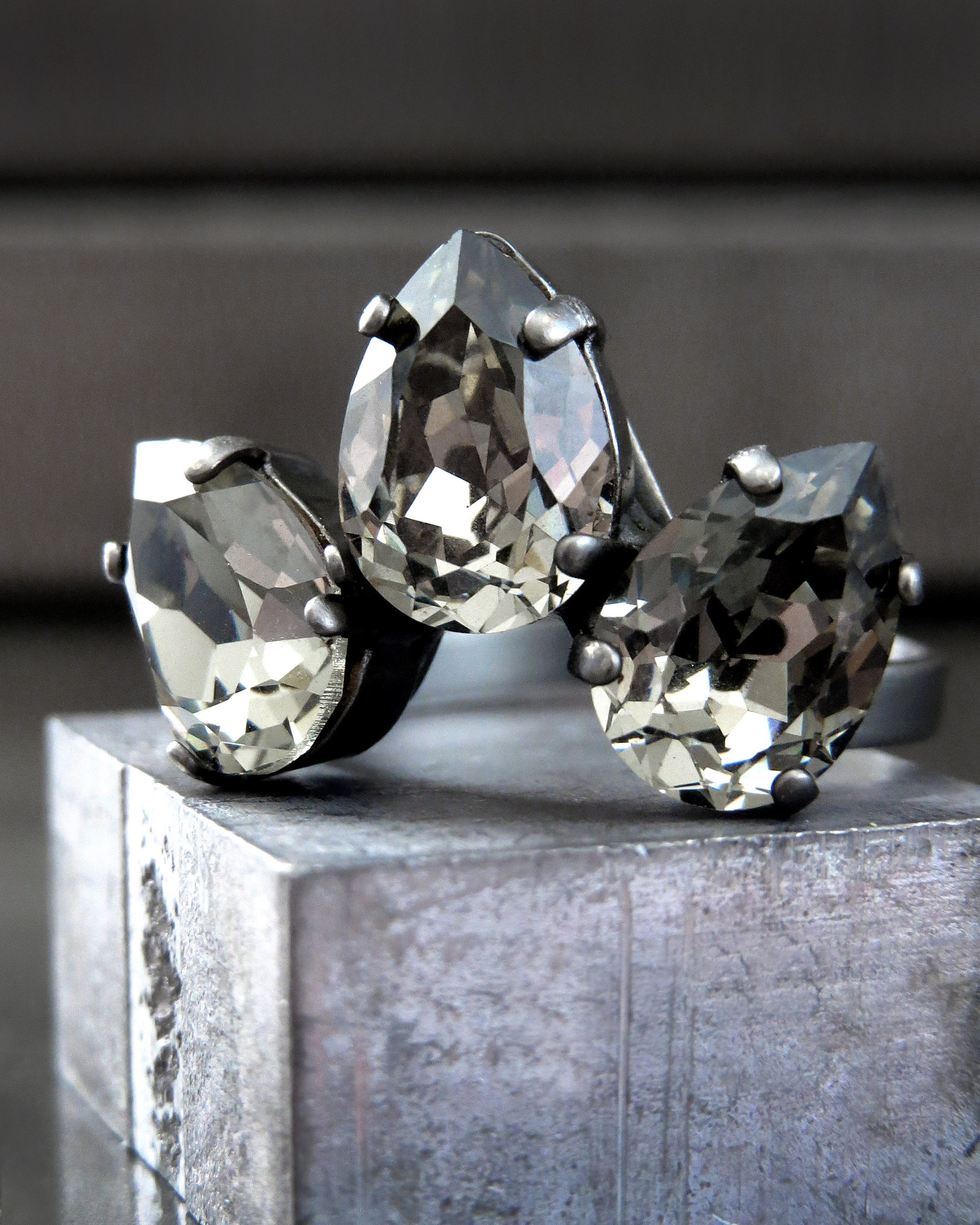 SMOLDER - Black Diamond Teardrop Trio Clear Crystal Ring, Pear Cocktail Ring with Vintage Swarovski Crystal - Hollywood Vintage Style Ring