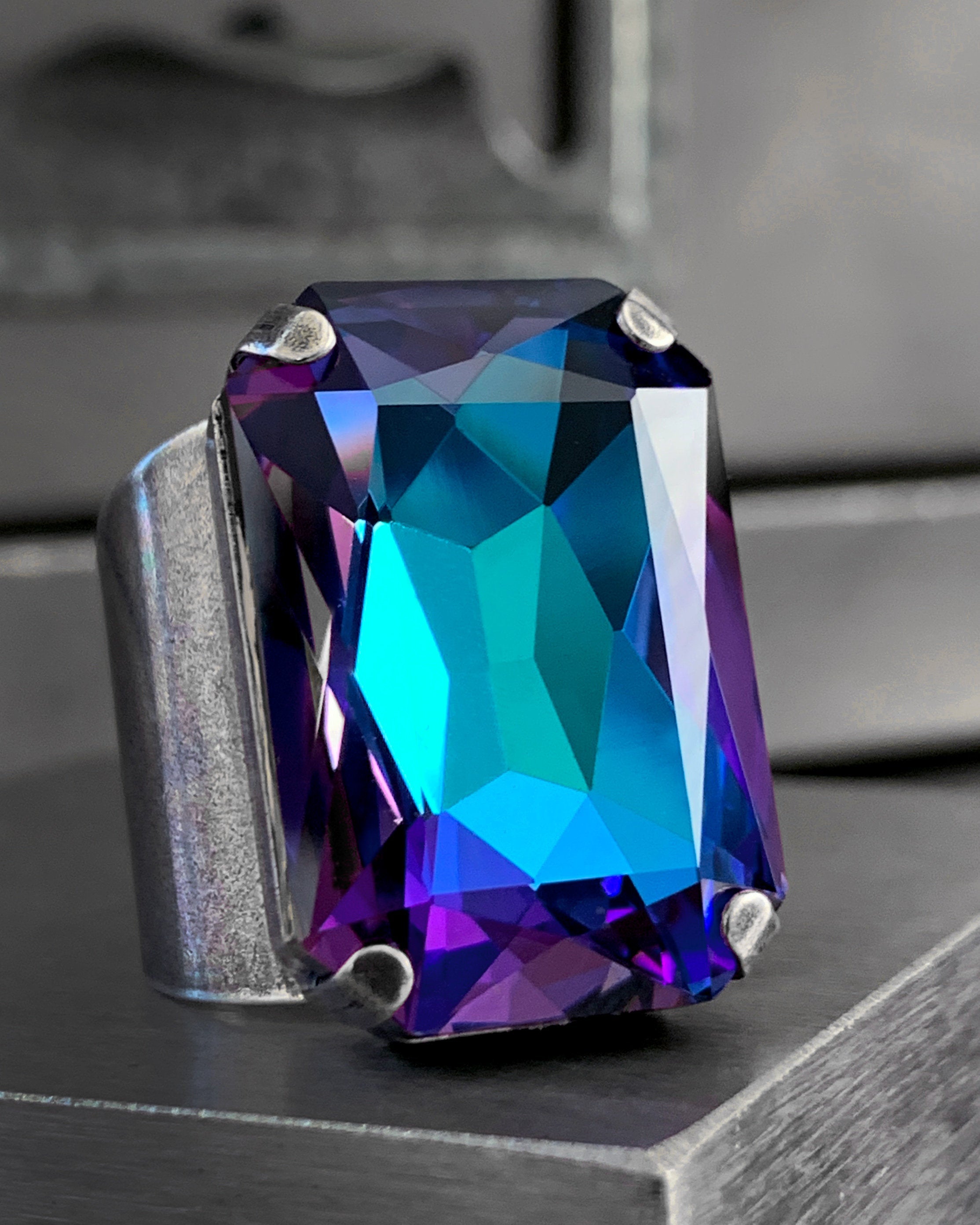 ILLUSION - Large Swarovski Crystal Crystal Ring in Heliotrope - Aqua, Blue, Violet Purple Crystal Ring - Unisex - LIMITED EDITION