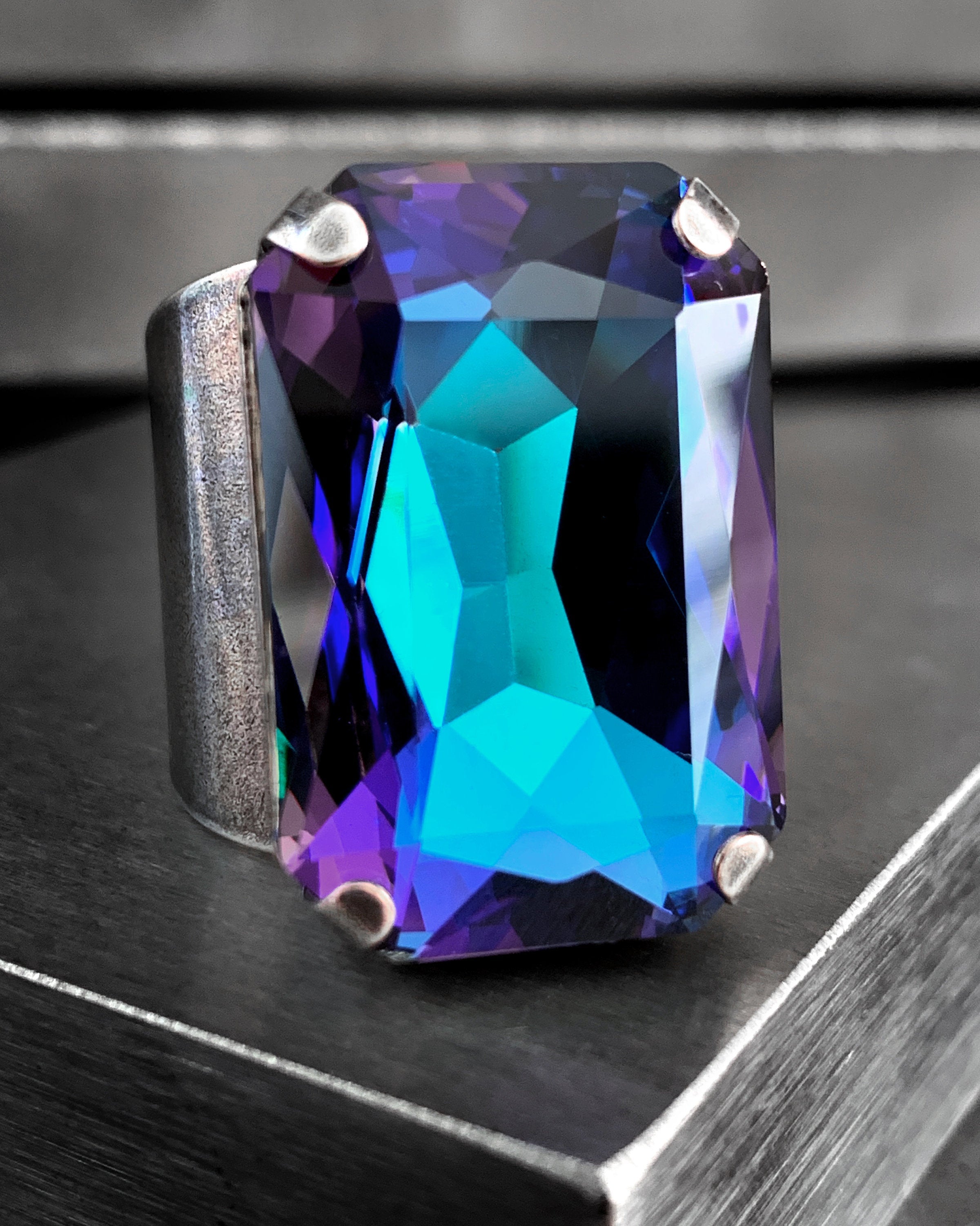 ILLUSION - Large Swarovski Crystal Crystal Ring in Heliotrope - Aqua, Blue, Violet Purple Crystal Ring - Unisex - LIMITED EDITION