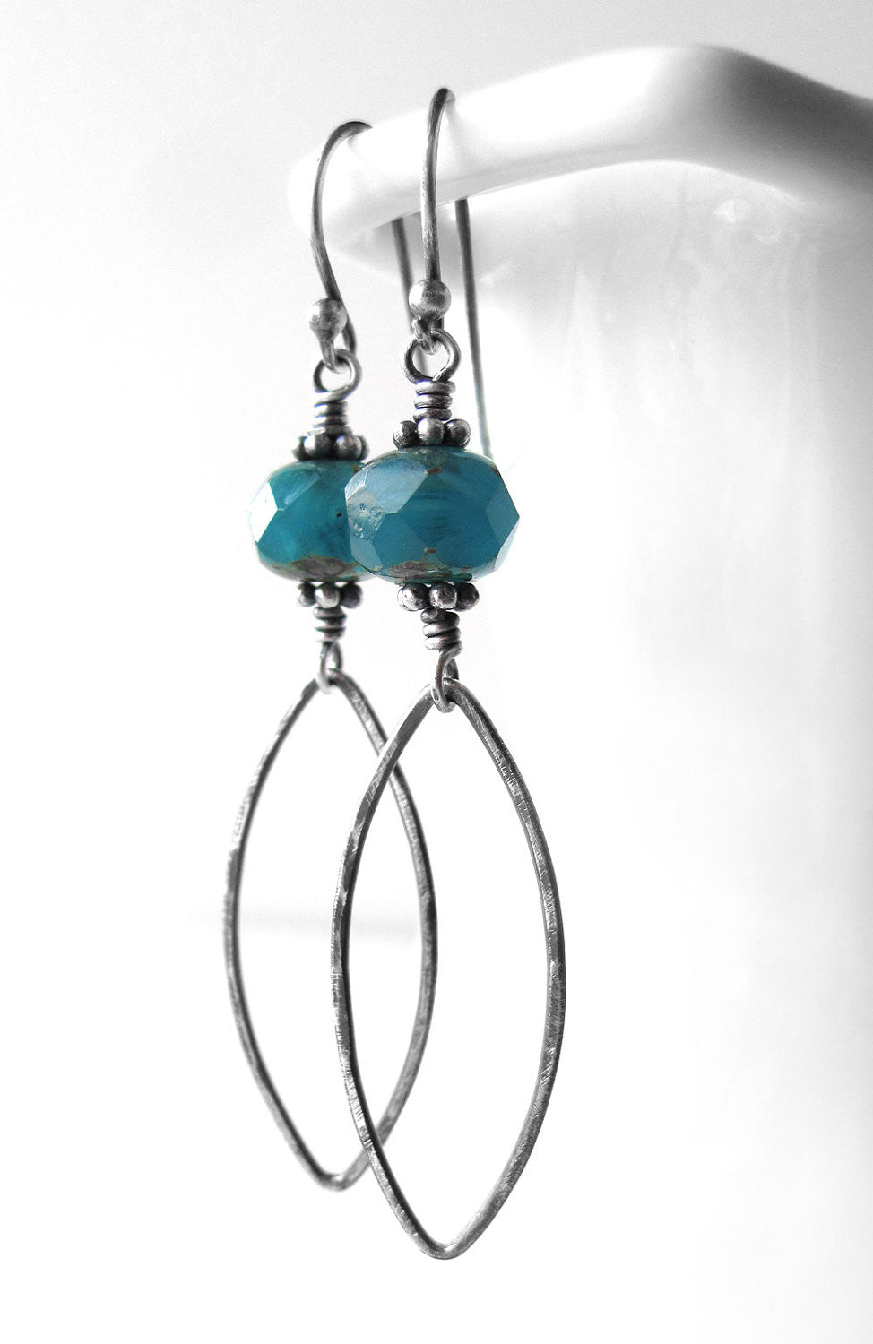 Earthy Aqua Blue Glass Earrings with Hammered Oxidized Sterling Silver Leaves