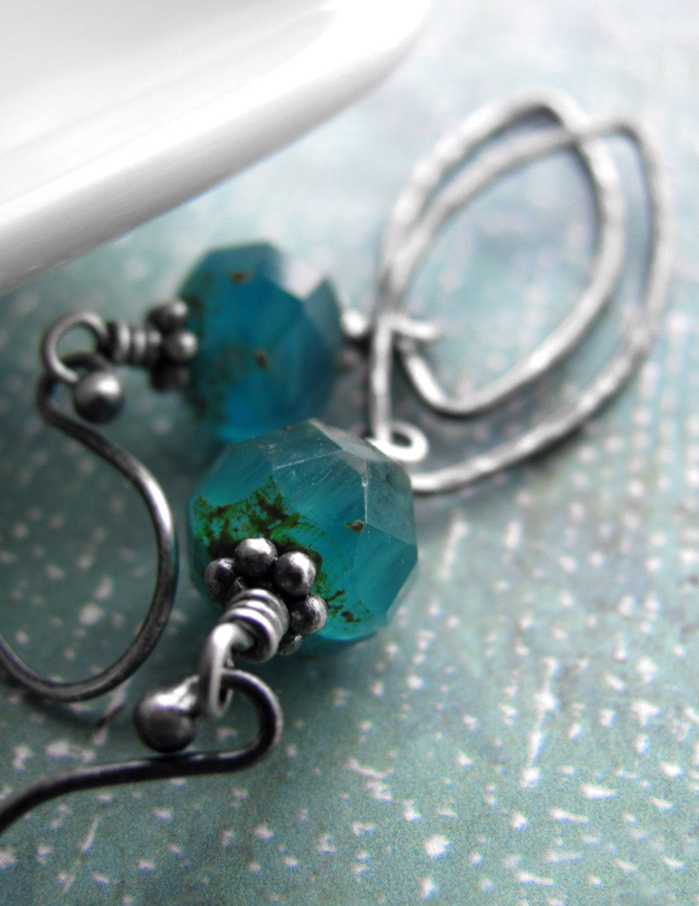 Earthy Aqua Blue Glass Earrings with Hammered Oxidized Sterling Silver Leaves
