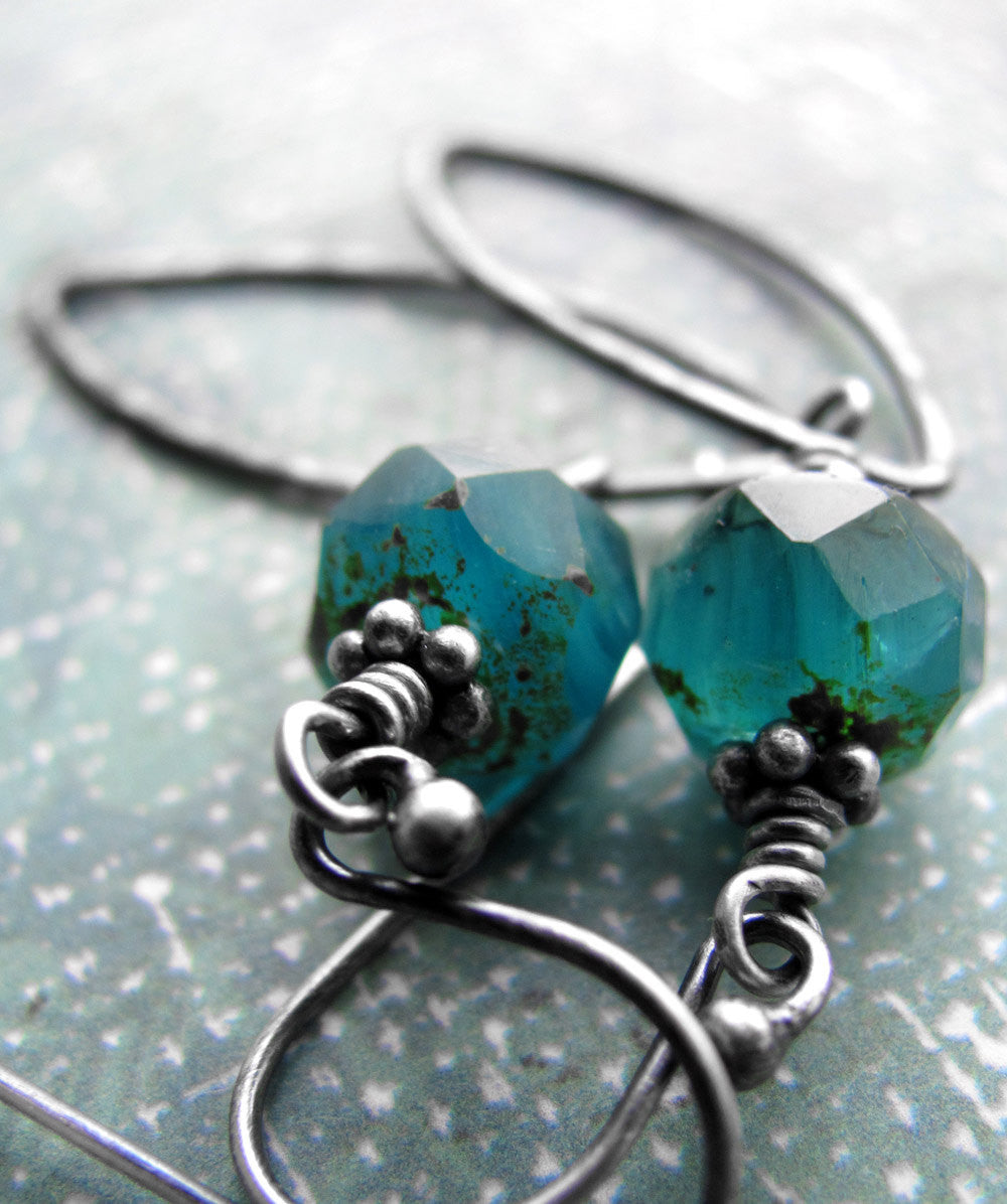 Earthy Aqua Blue Glass Earrings with Hammered Oxidized Sterling Silver Leaves