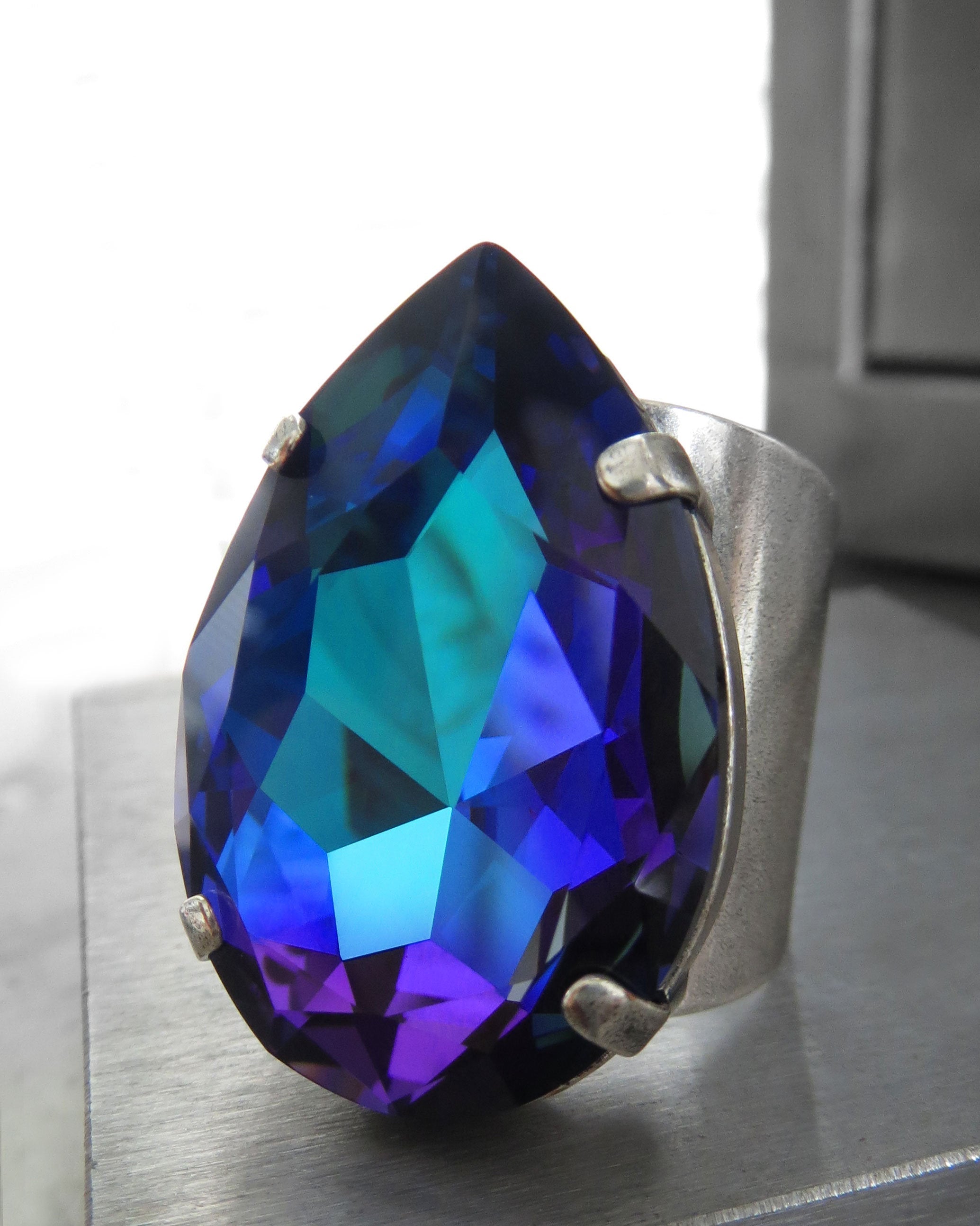 MYTHIC - Large Teardrop Blue Teardrop Crystal Cocktail Ring - Swarovski Heliotrope Crystal Ring -