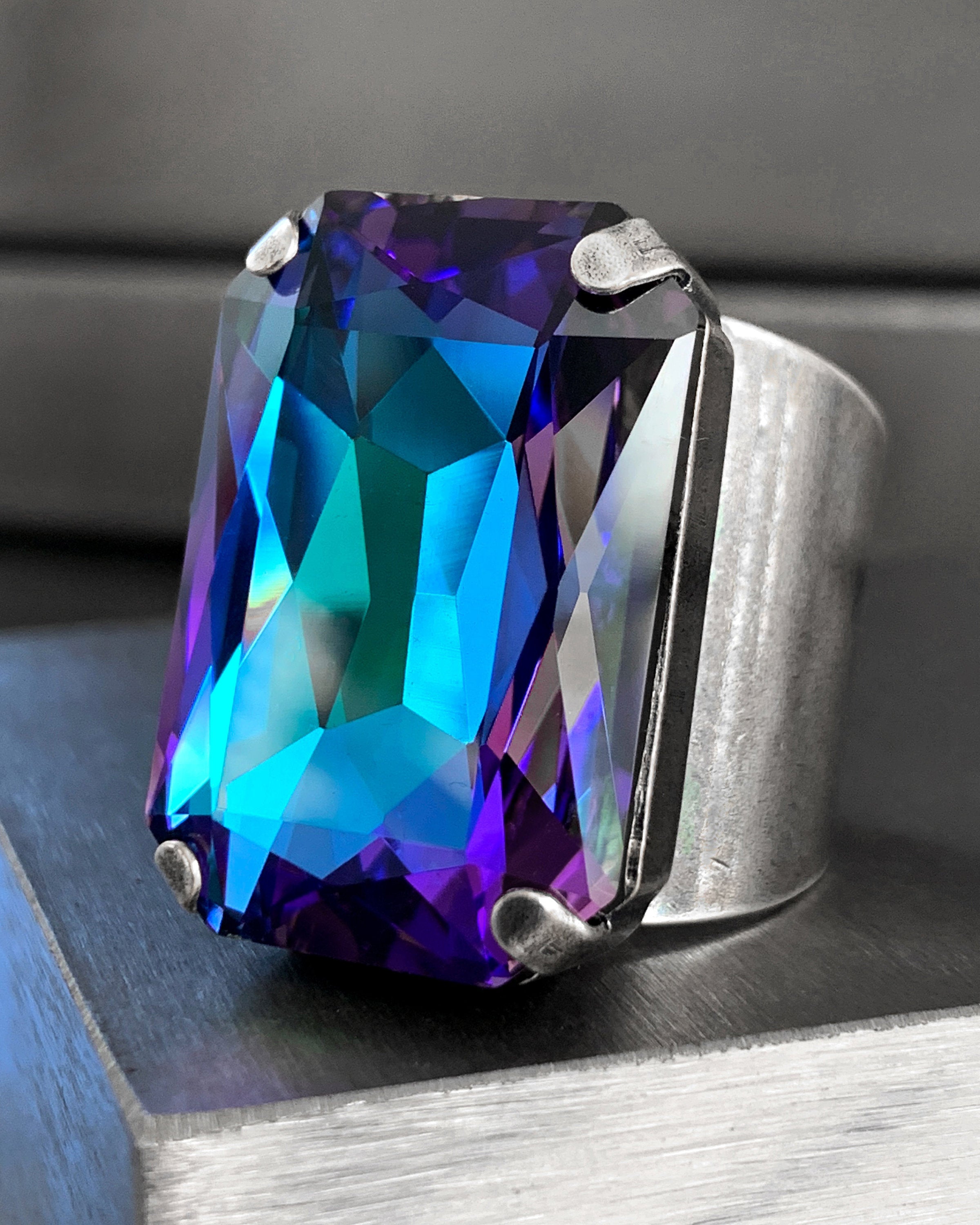 ILLUSION - Large Swarovski Crystal Crystal Ring in Heliotrope - Aqua, Blue, Violet Purple Crystal Ring - Unisex - LIMITED EDITION